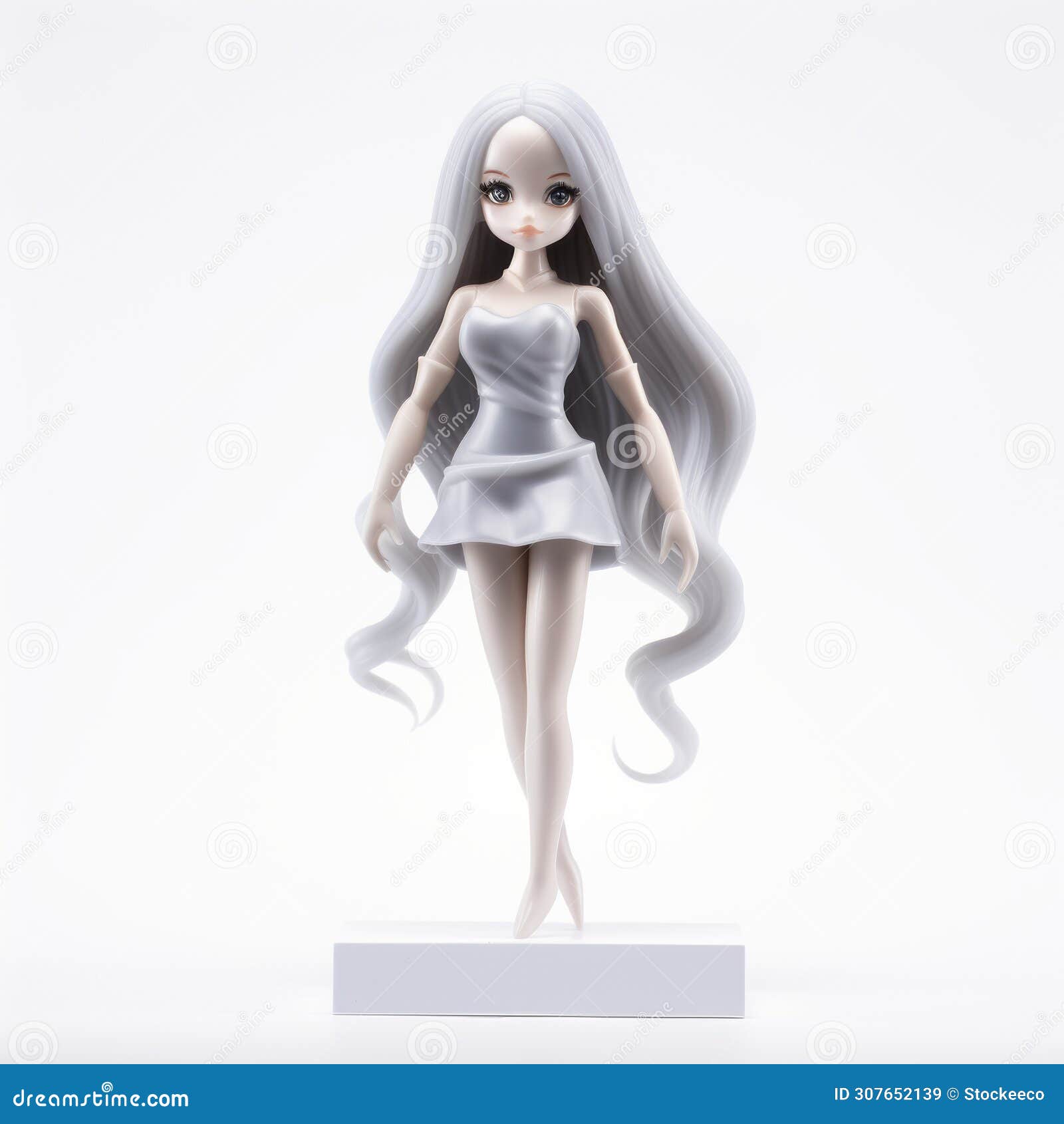 elegant anime figure with long white hair and white dress