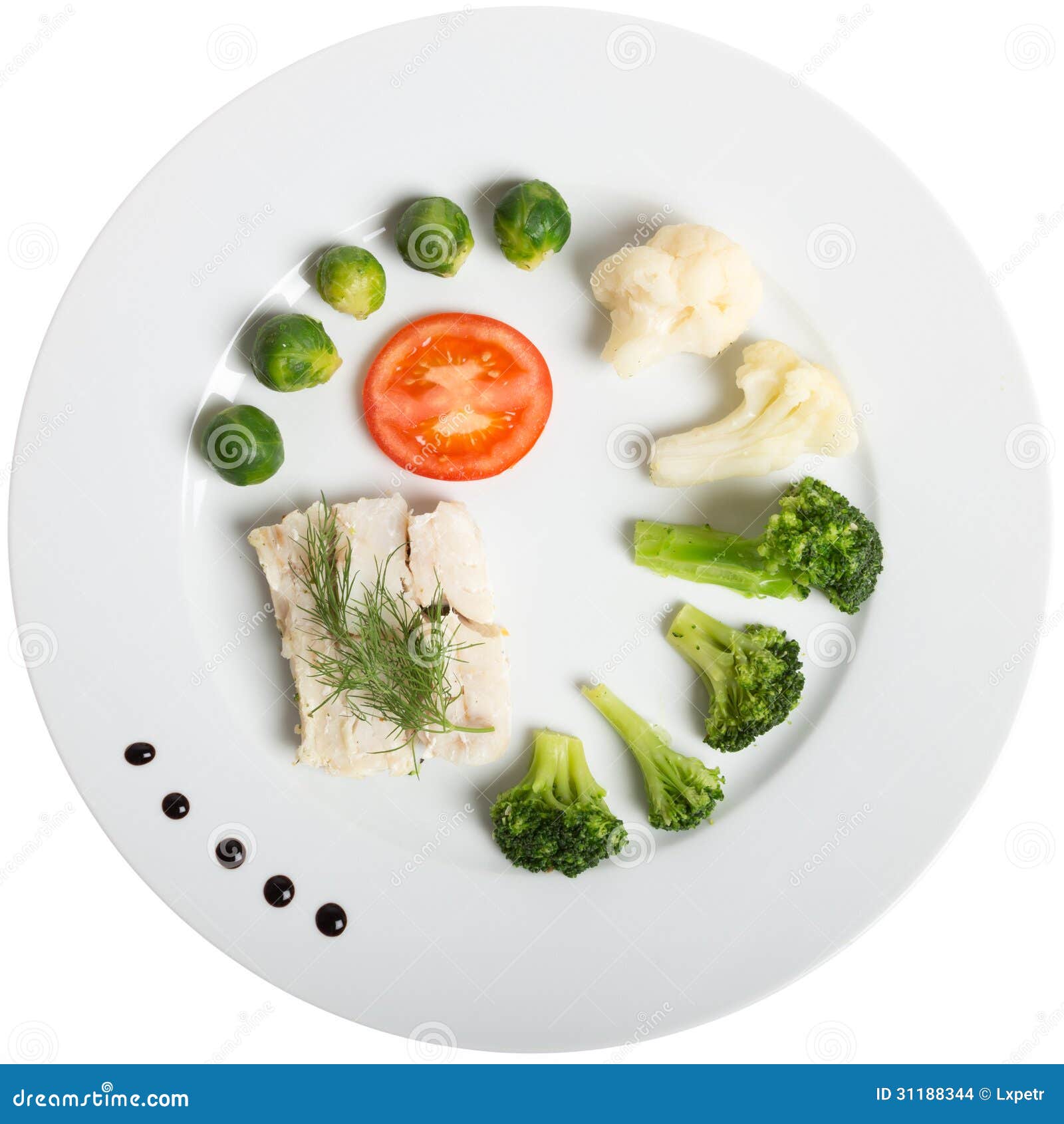  White Plate With Healthy Food Fish And Vegetables Stock 