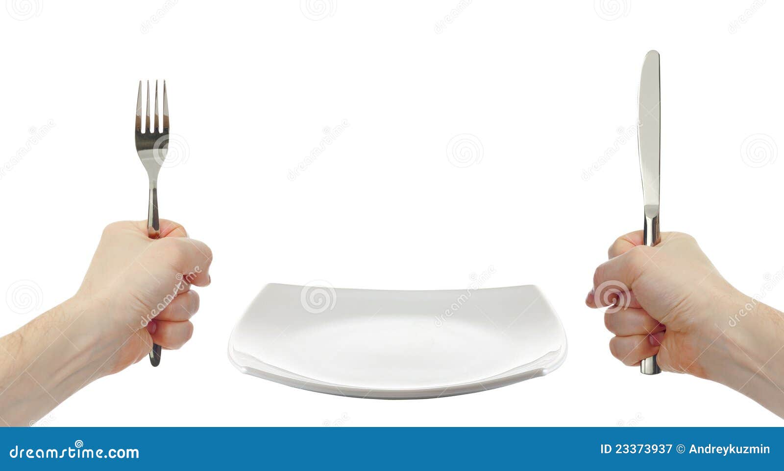 White Plate, Knife And Fork Cutlery In Hands Royalty Free Stock