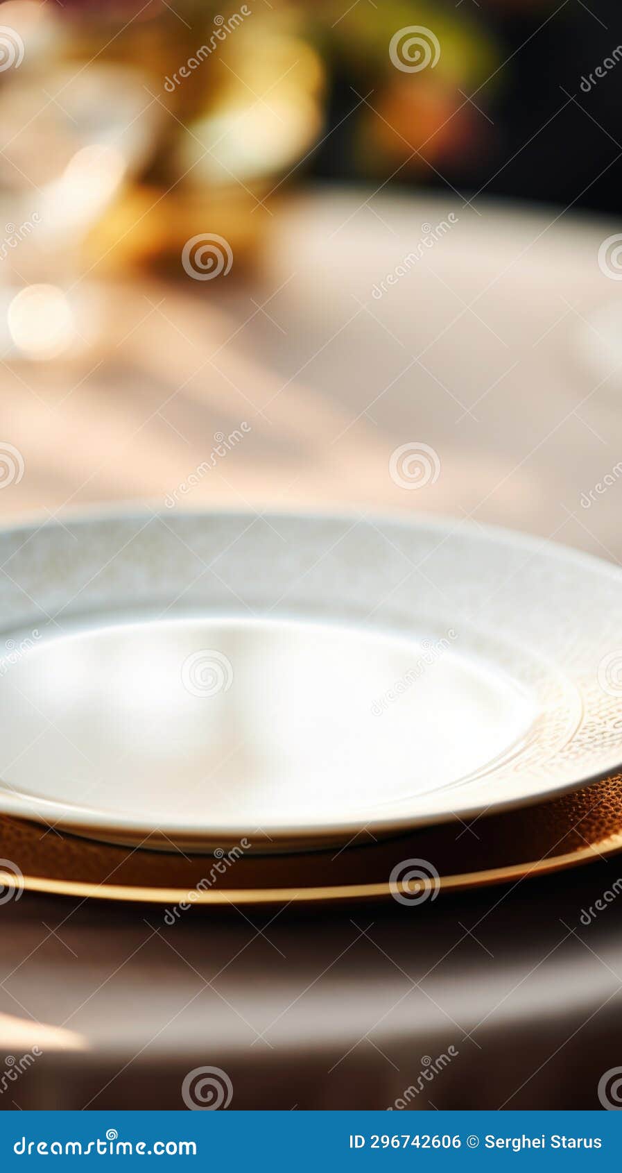 A White Plate on a Table with a Glass of Wine, AI Stock Illustration