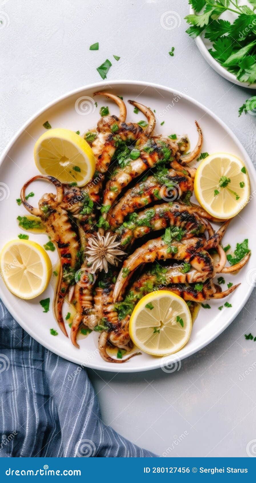 A White Plate Topped with Grilled Squids and Lemon Slices. Generative