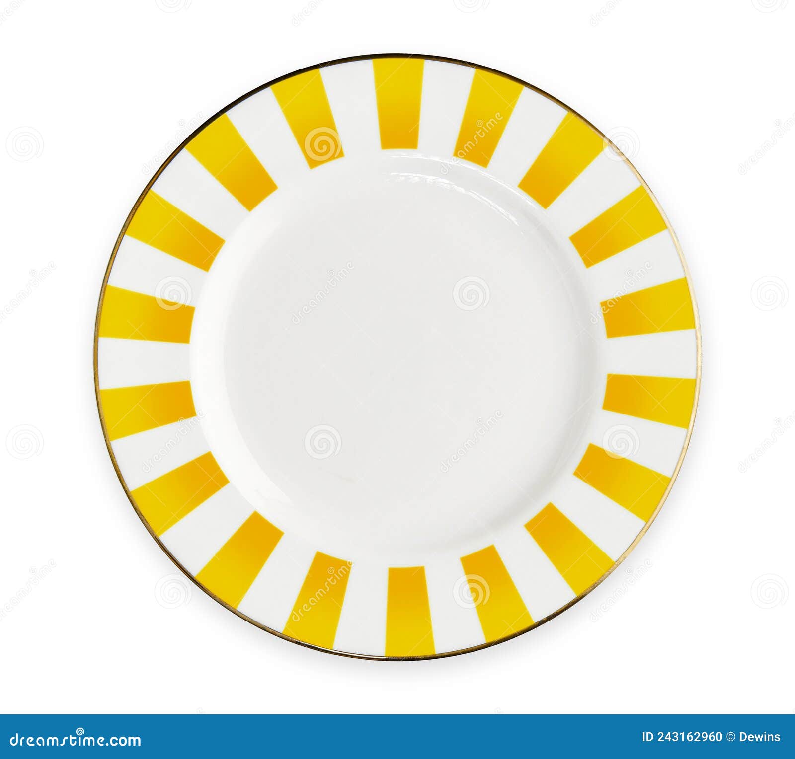white plate with yellow rim,  on white background with clipping path, top view