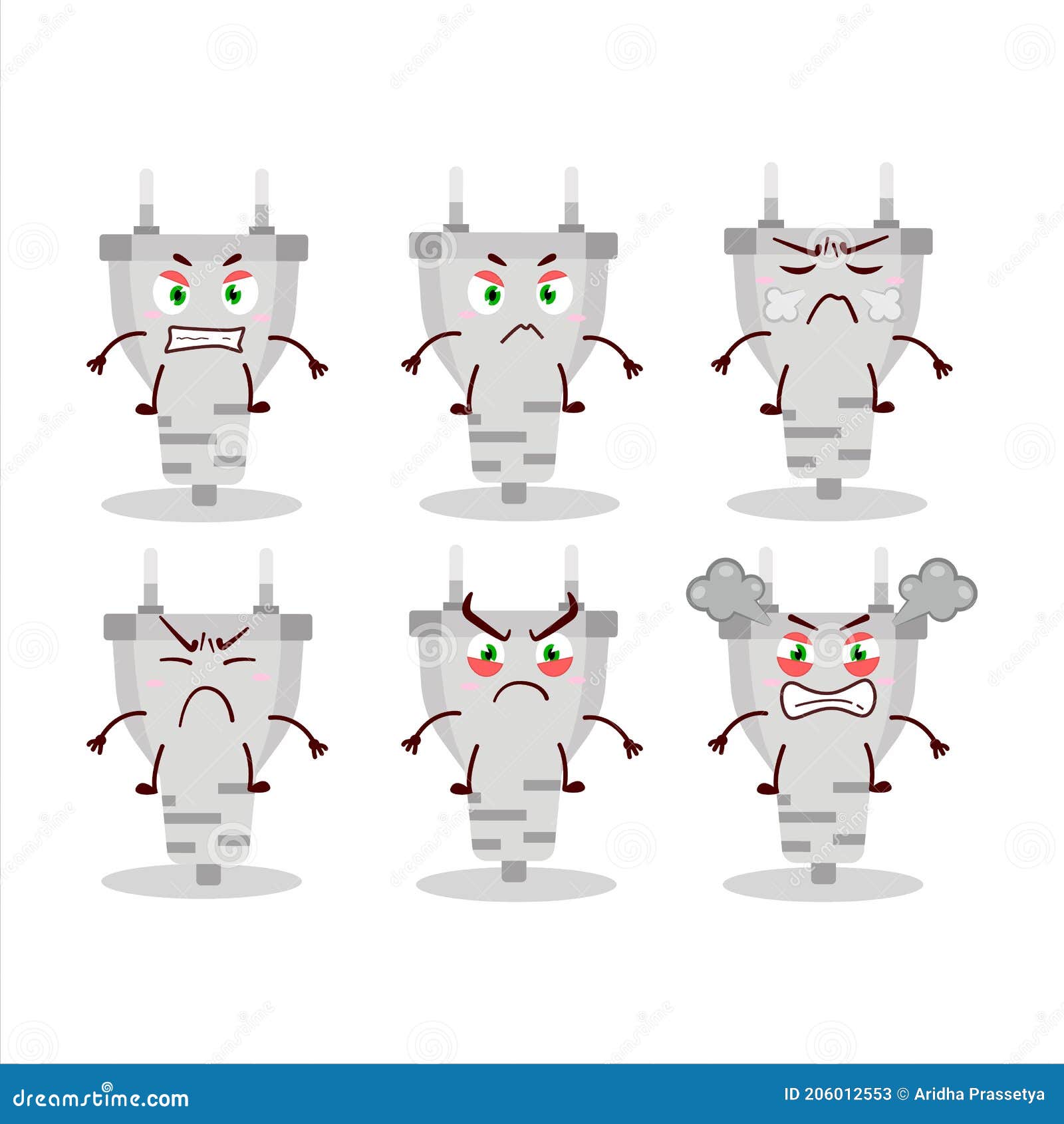 White Plug Cartoon Character with Various Angry Expressions Stock