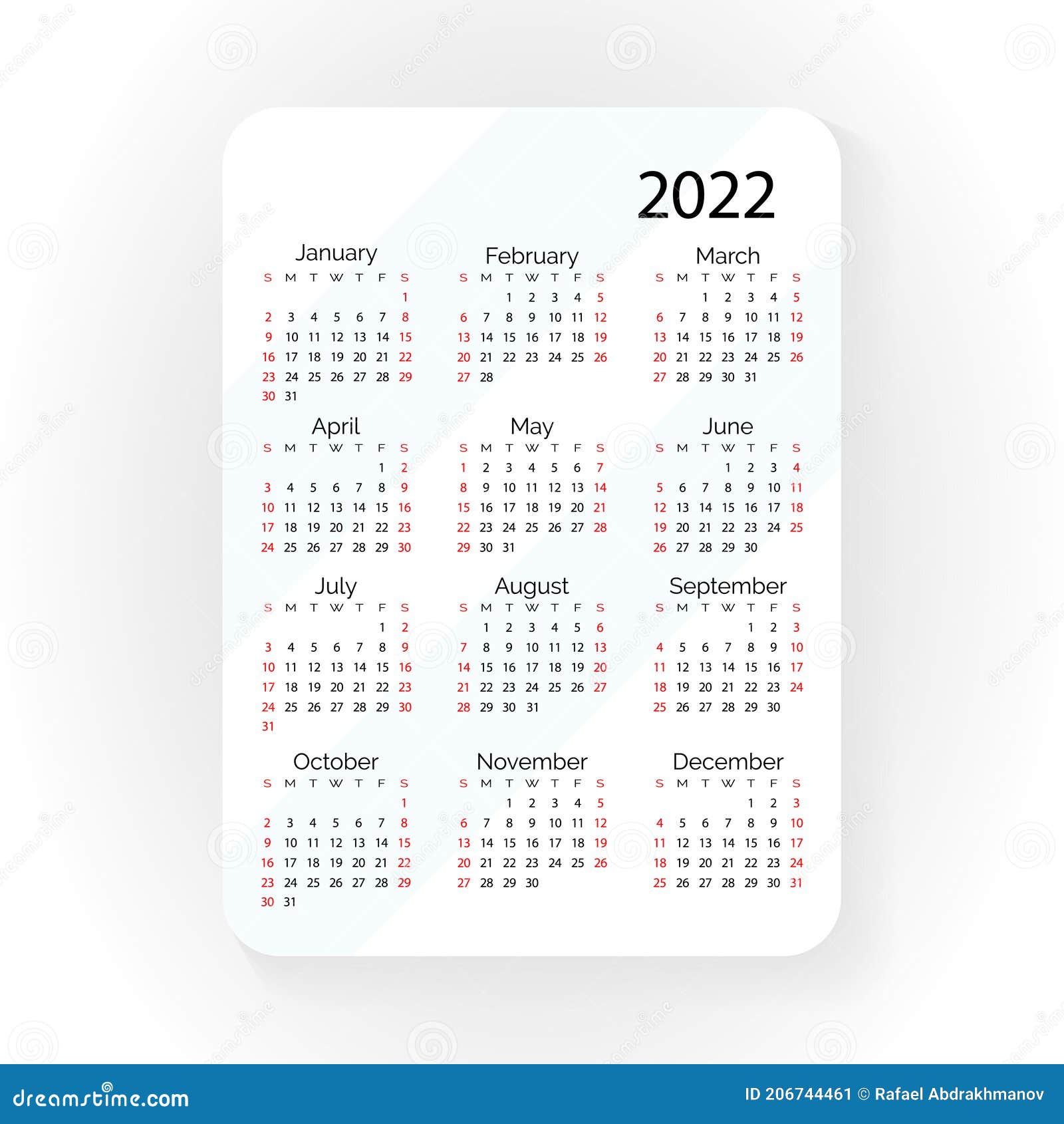 White Pocket Vector Calendar 2022 Year. Minimal Business Simple Clean Design. Classic Grid, Week Starts From Monday Stock Vector - Illustration Of 2022, Diary: 206744461