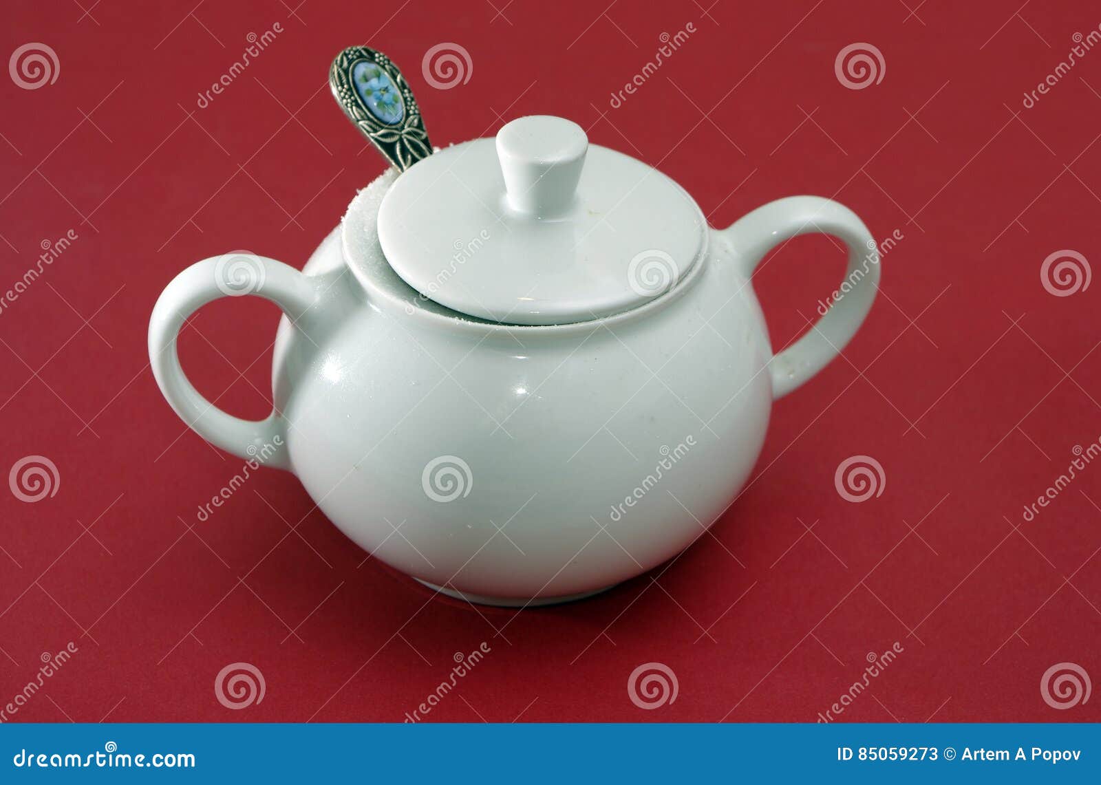 White Porcelain Sugar Bowl With Lid And Spoon. Stock Image Image of