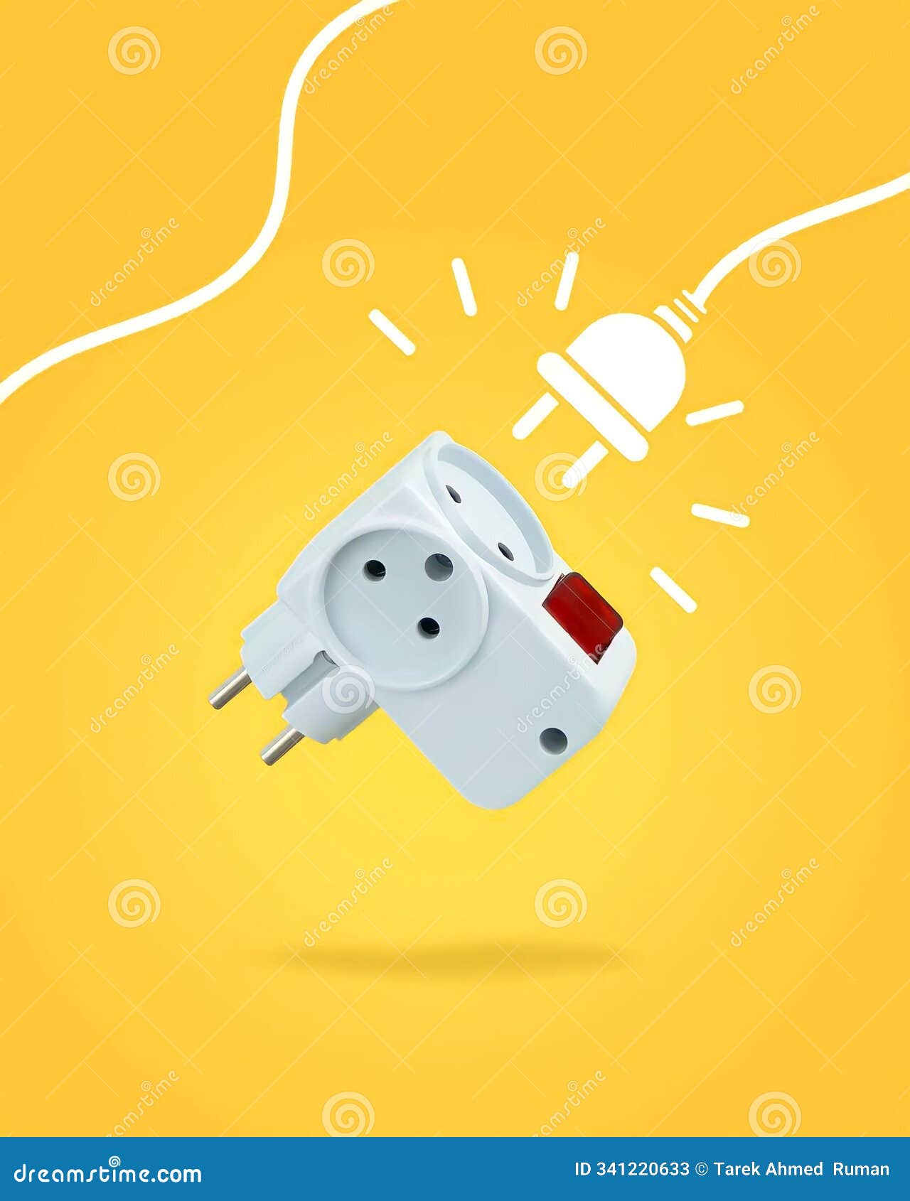 a white power outlet with a red switch and plug is shown against a bright yellow background with a white plug cord drawn above