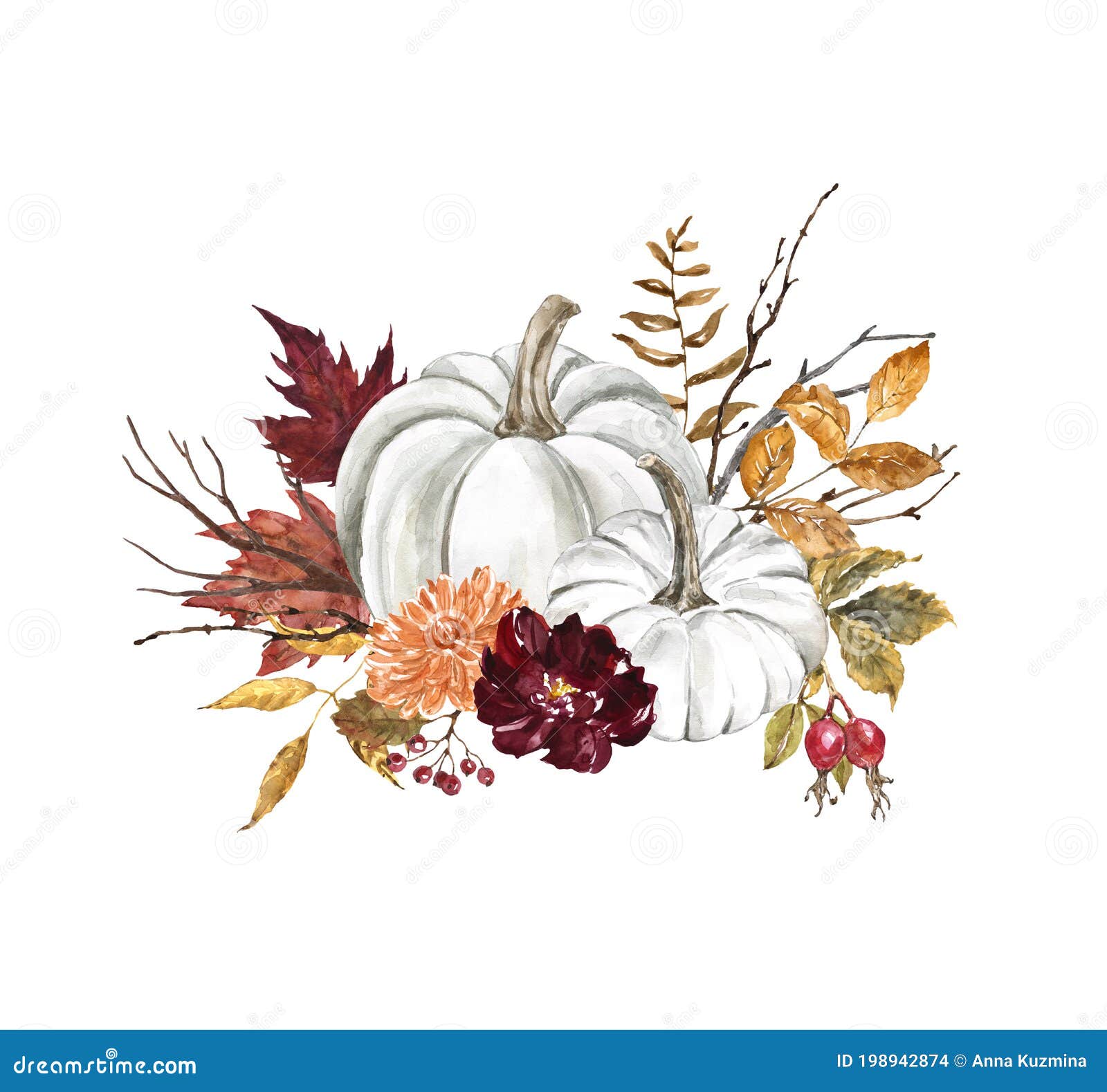 white pumpkins composition, hand painted . fall holiday decoration with pastel pumpkin, leaves, burgundy flowers