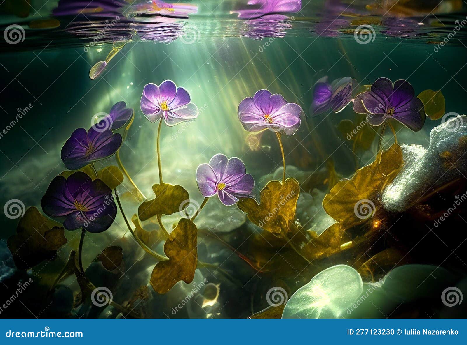 Whitepurple Violets Under Water in Rays of Light. AI Generated Stock