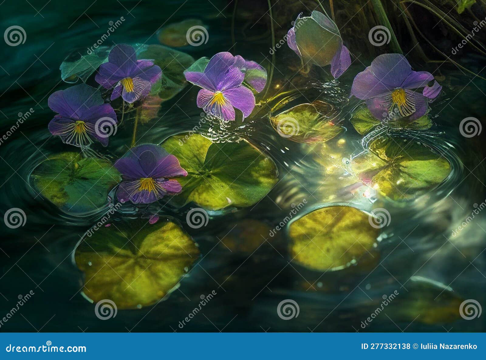 Whitepurple Violets Under Water in Rays of Light. AI Generated Stock