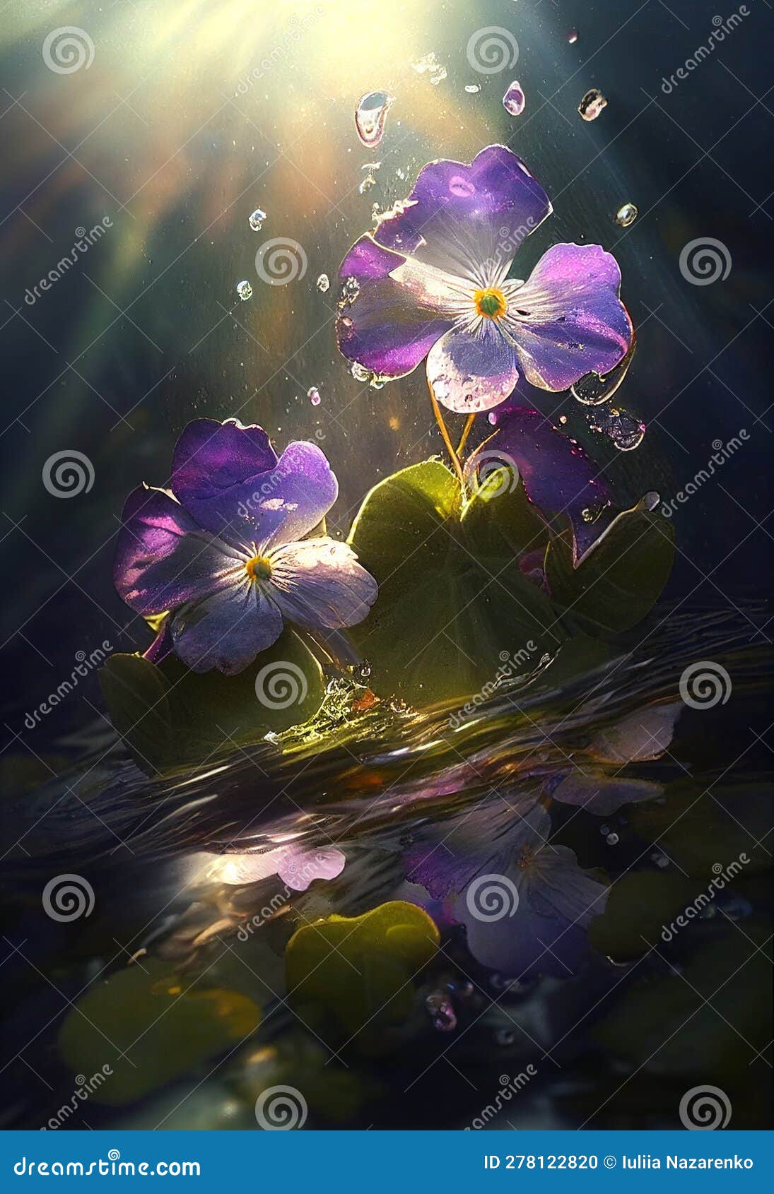 Whitepurple Violets Under Water in Rays of Light. AI Generated Stock