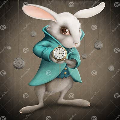 White rabbit with clock stock illustration. Illustration of animal ...