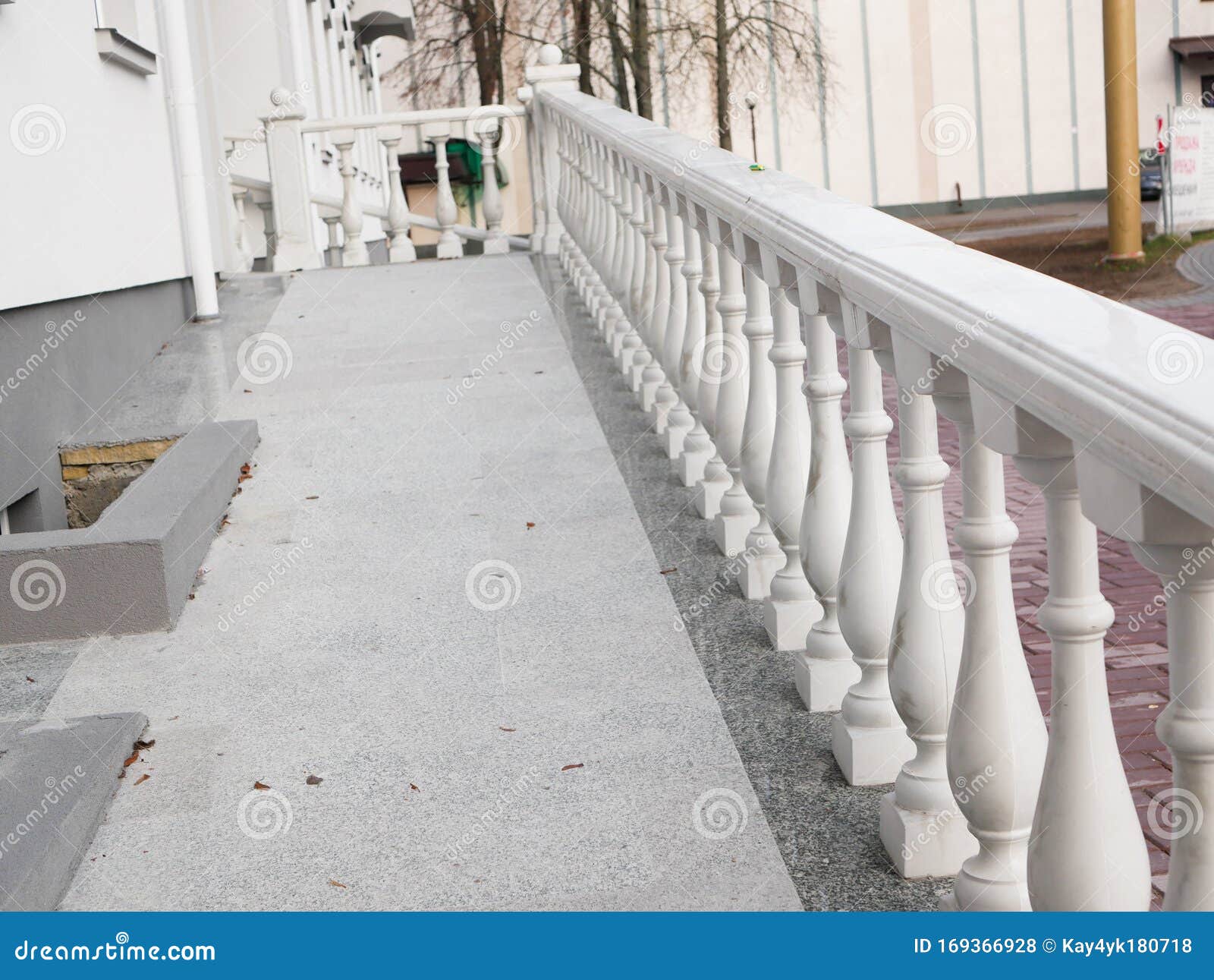 White Railing. Beautiful Vintage White Concrete Balcony Railing Stock