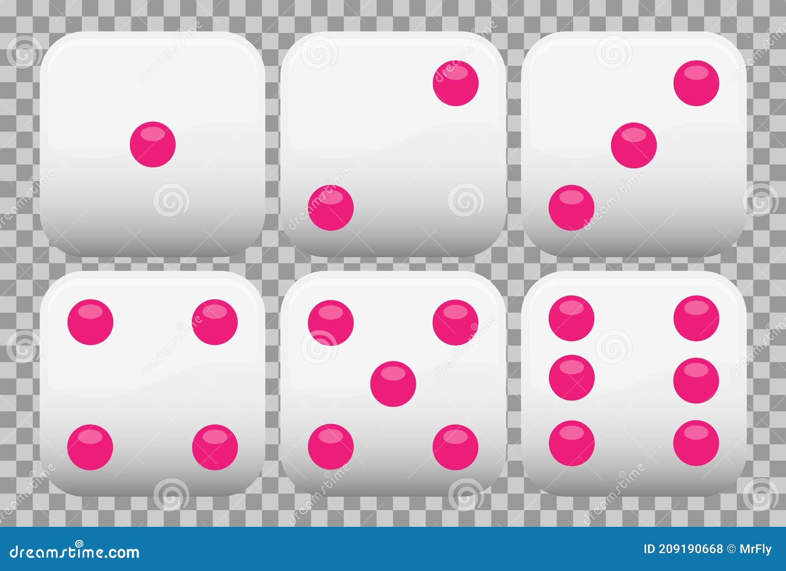 White Realistic Dice Collection with Pink Dots Set of 6 Vector