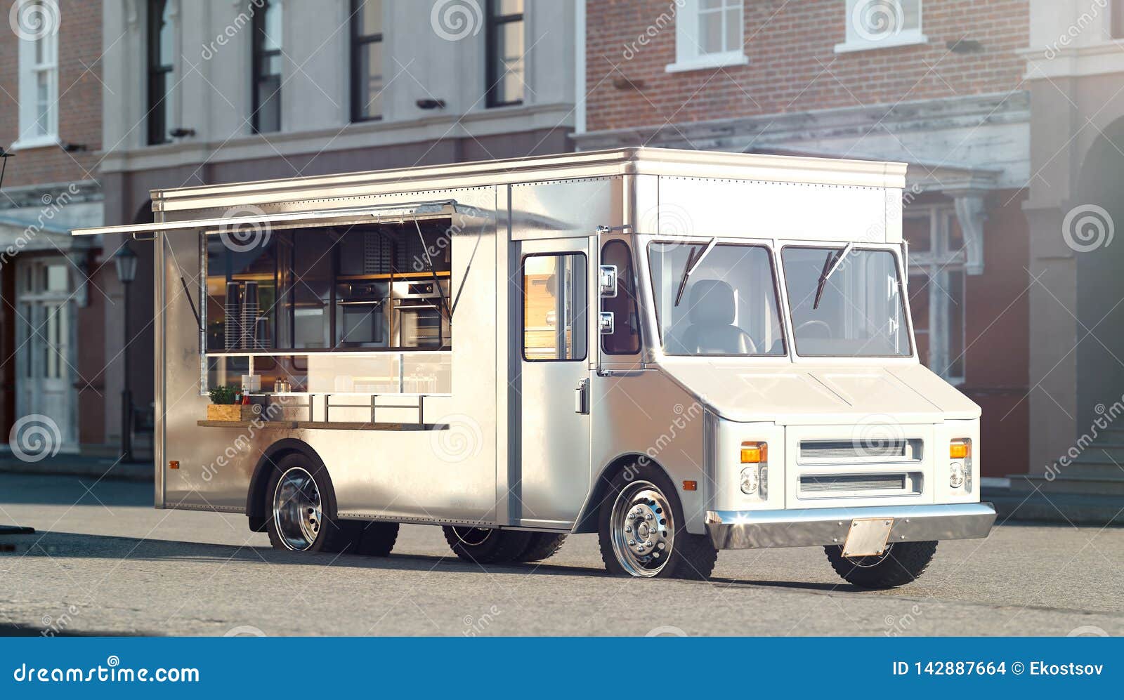 White Food Truck With Detailed Interior On Street Takeaway