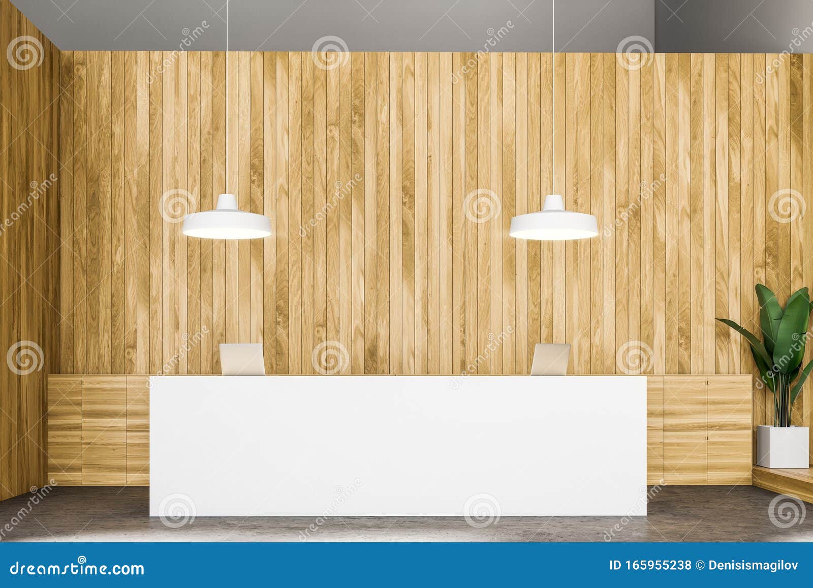 White Reception Desk In Wooden Office Stock Illustration