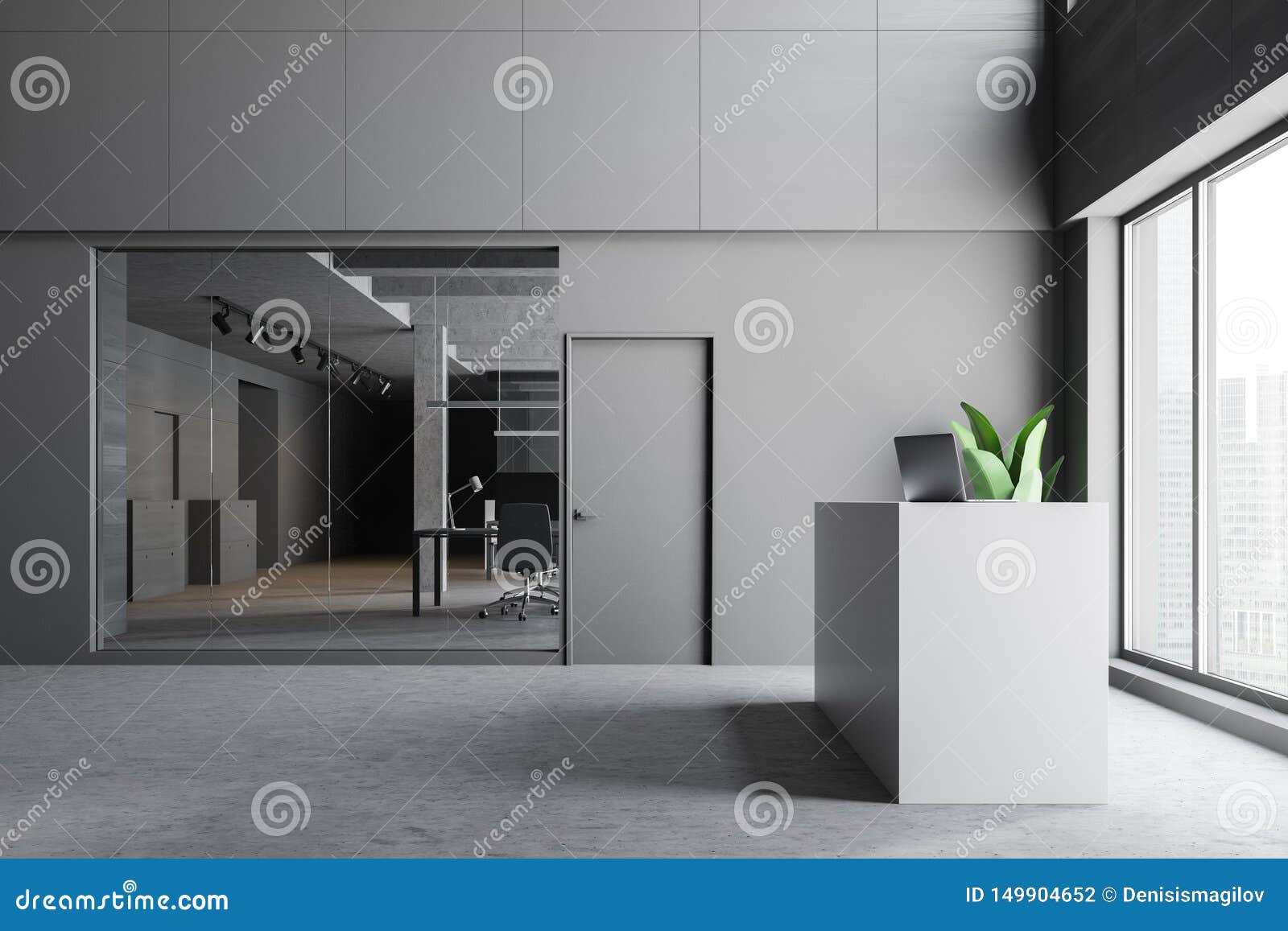 White Reception in Gray Office Interior Stock Illustration