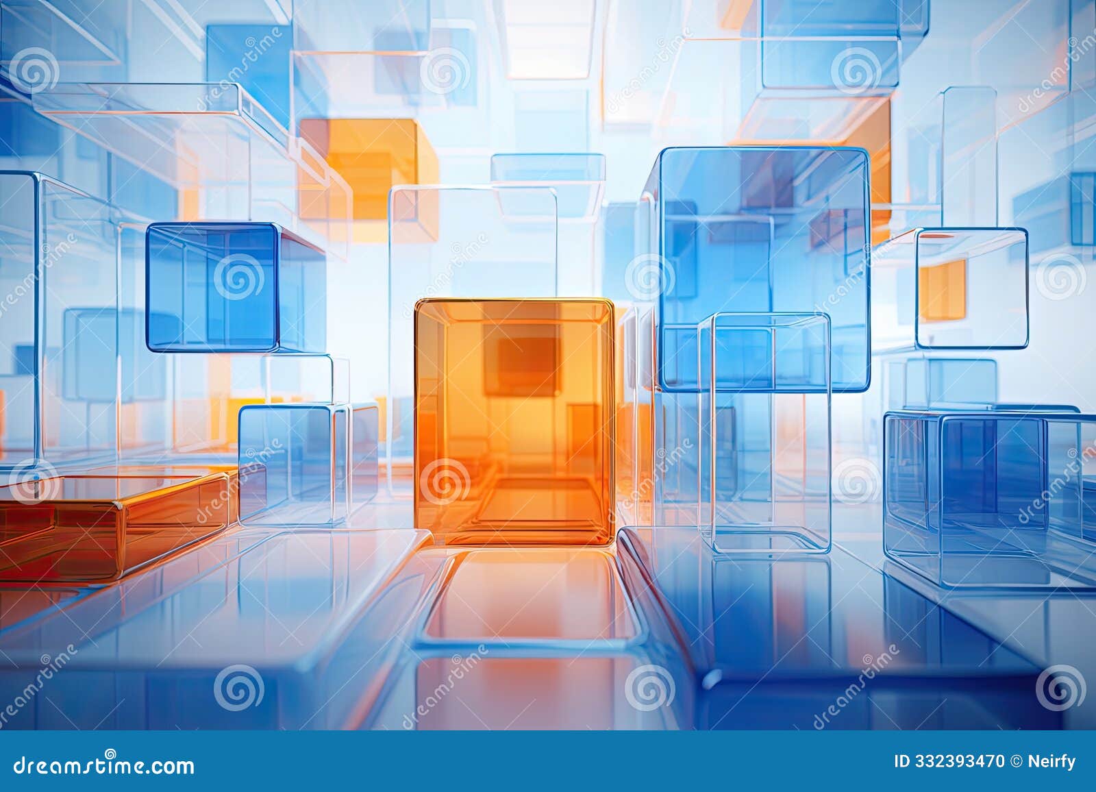 white rectangular base, blue and orange rectangles floating in the air,