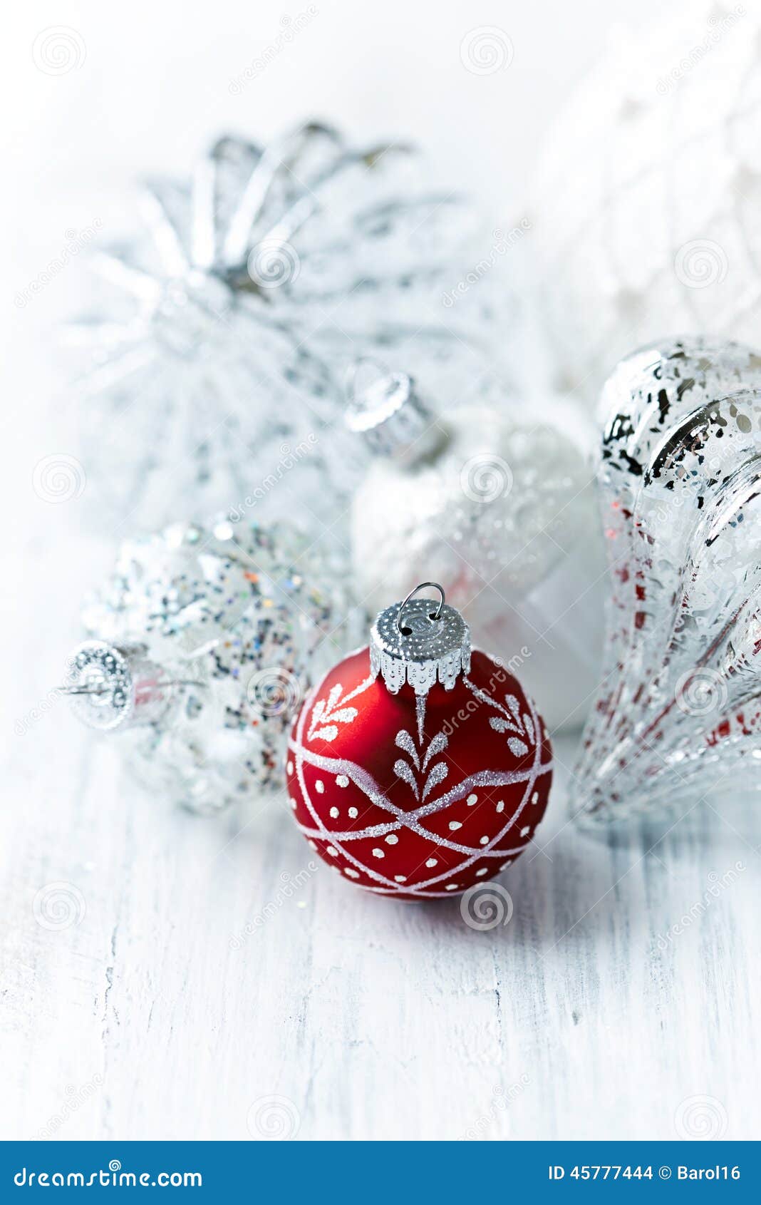 White and Red Christmas Balls Stock Photo Image of background, wooden
