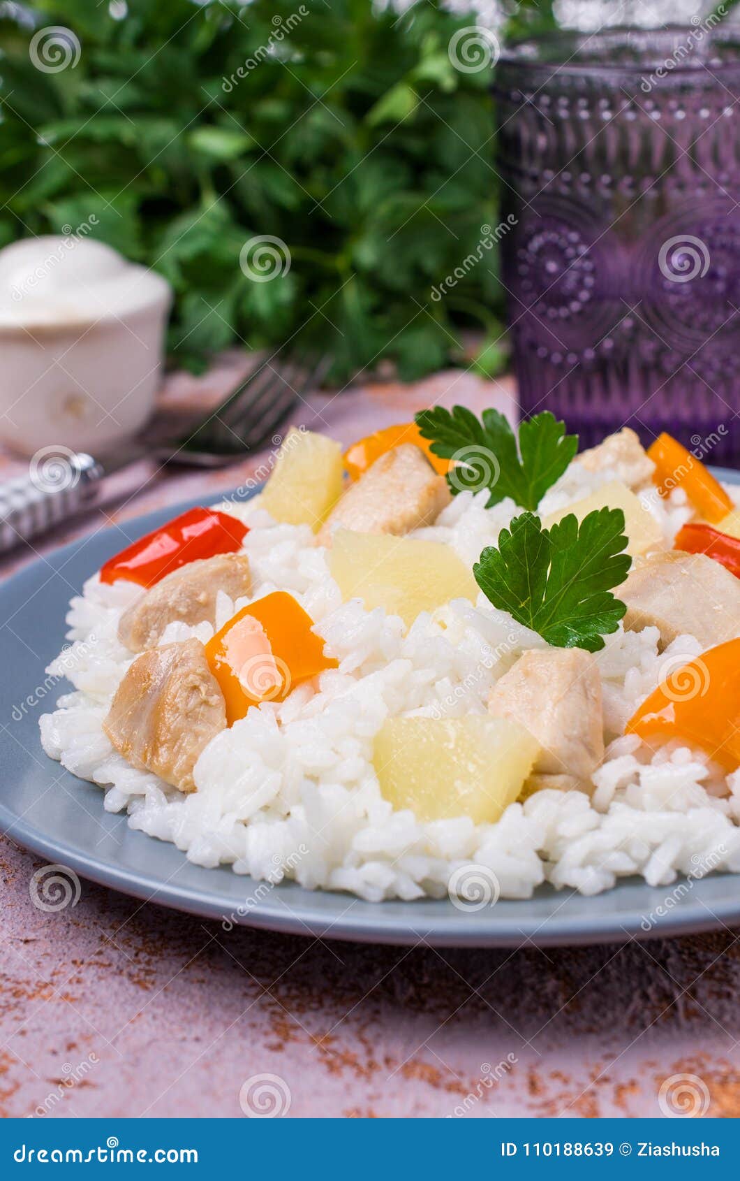 White rice with chicken stock image. Image of breast 110188639