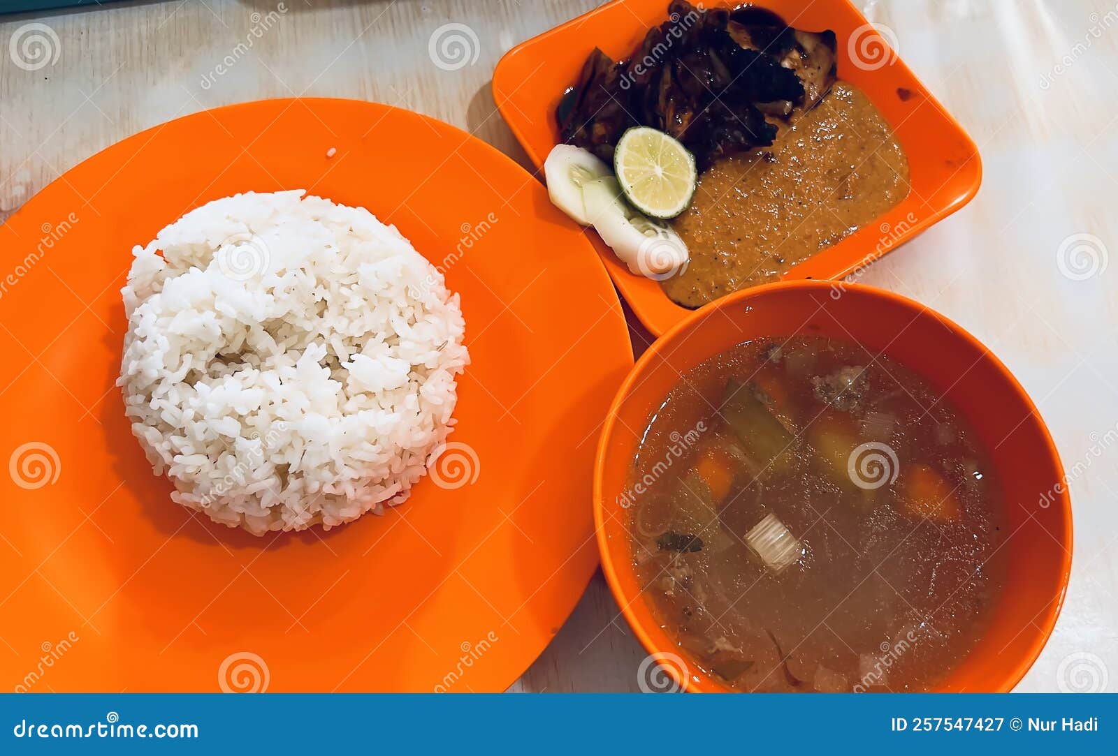 White Rice with Chicken Soup and Delicious Peanut Fried Chicken Stock Image Image of lunch