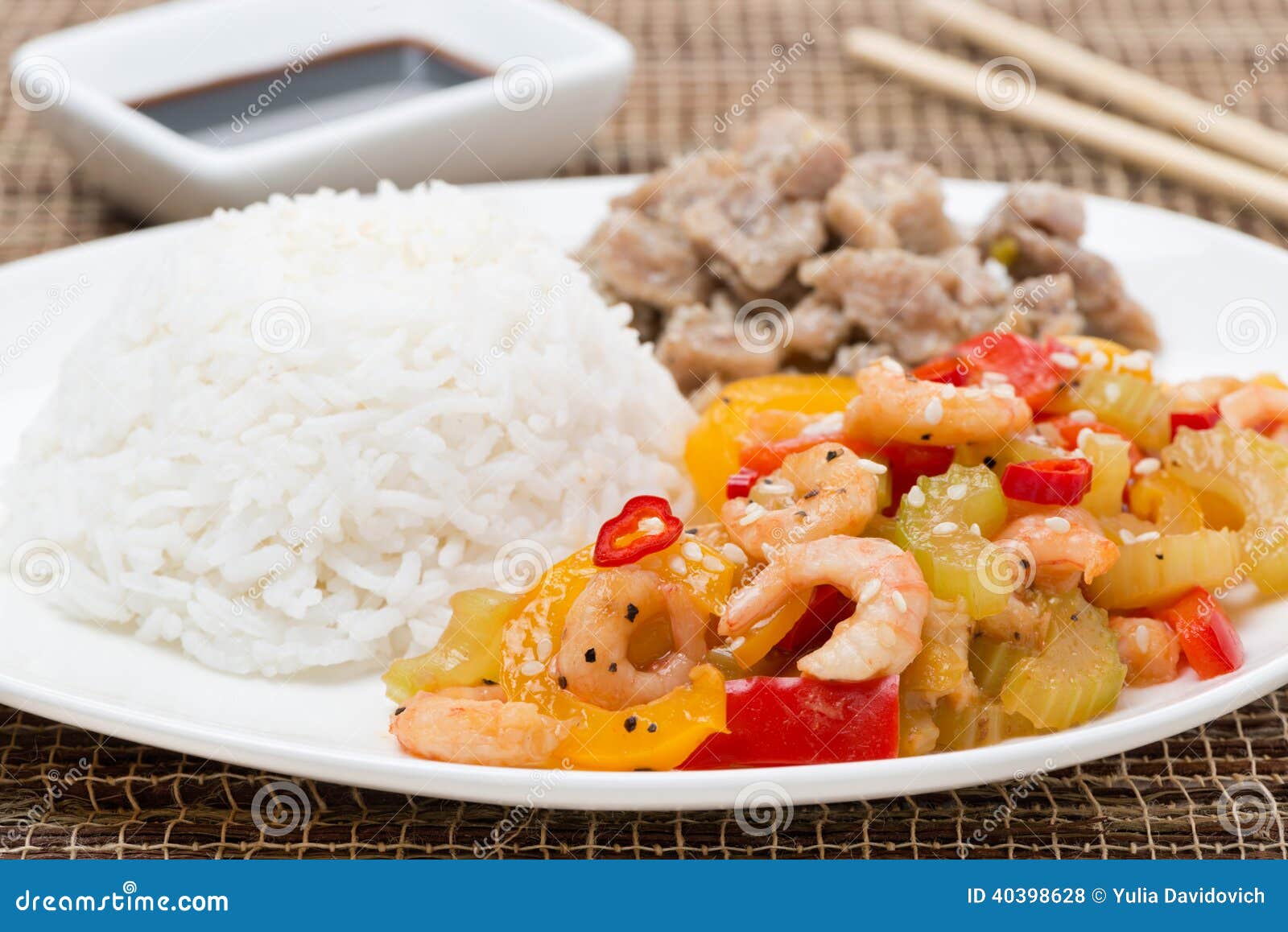 White Rice, Chicken and Vegetables with Shrimp Stock Photo Image of