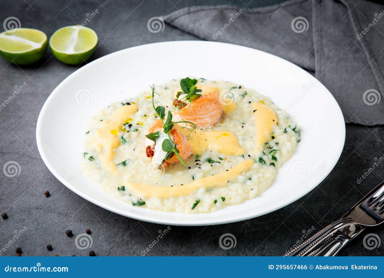 White Rice Porridge with Herbs and Fish, Side View Stock Photo Image