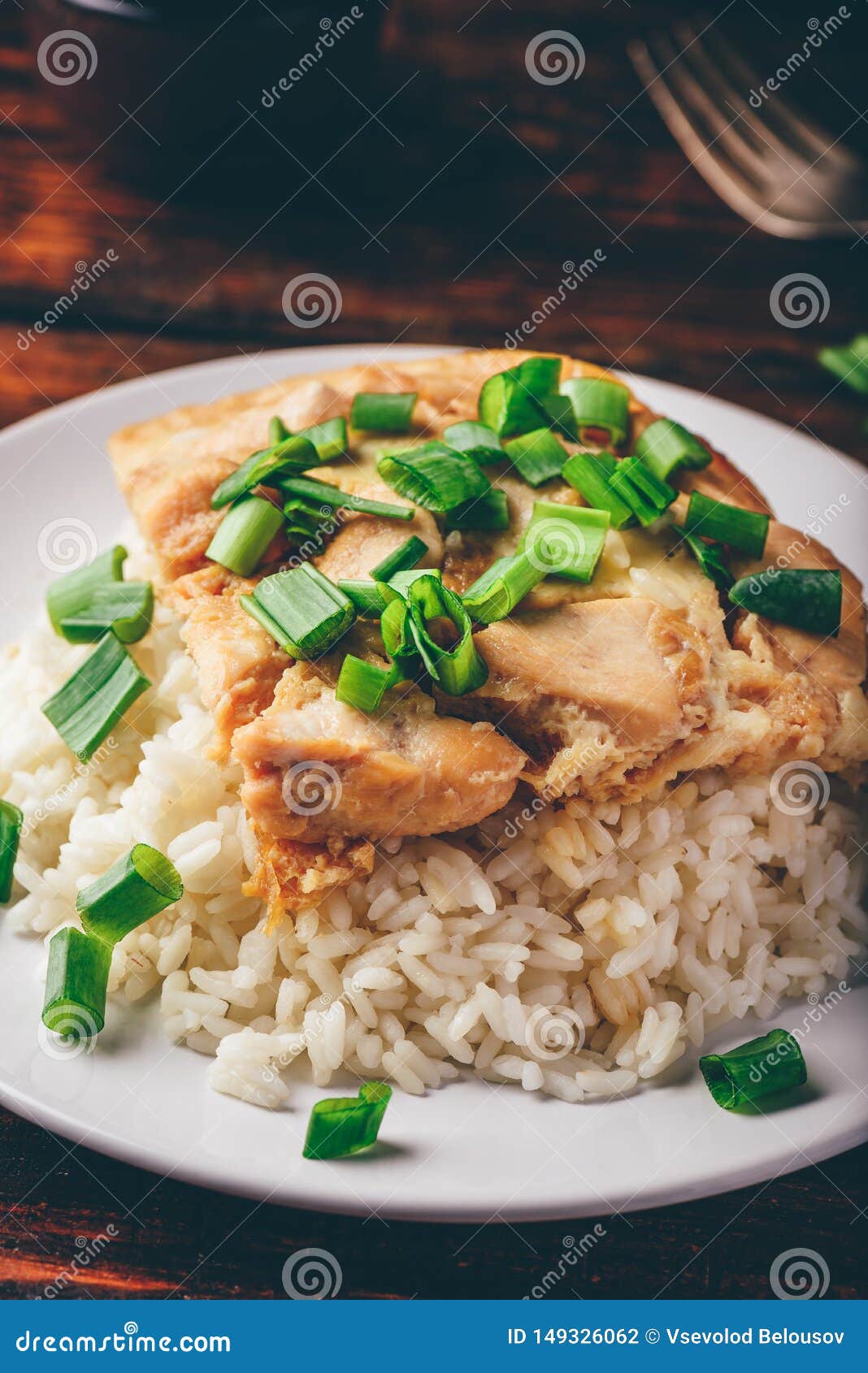 White Rice with Scrambled Eggs with Chicken and Green Onion Stock Photo