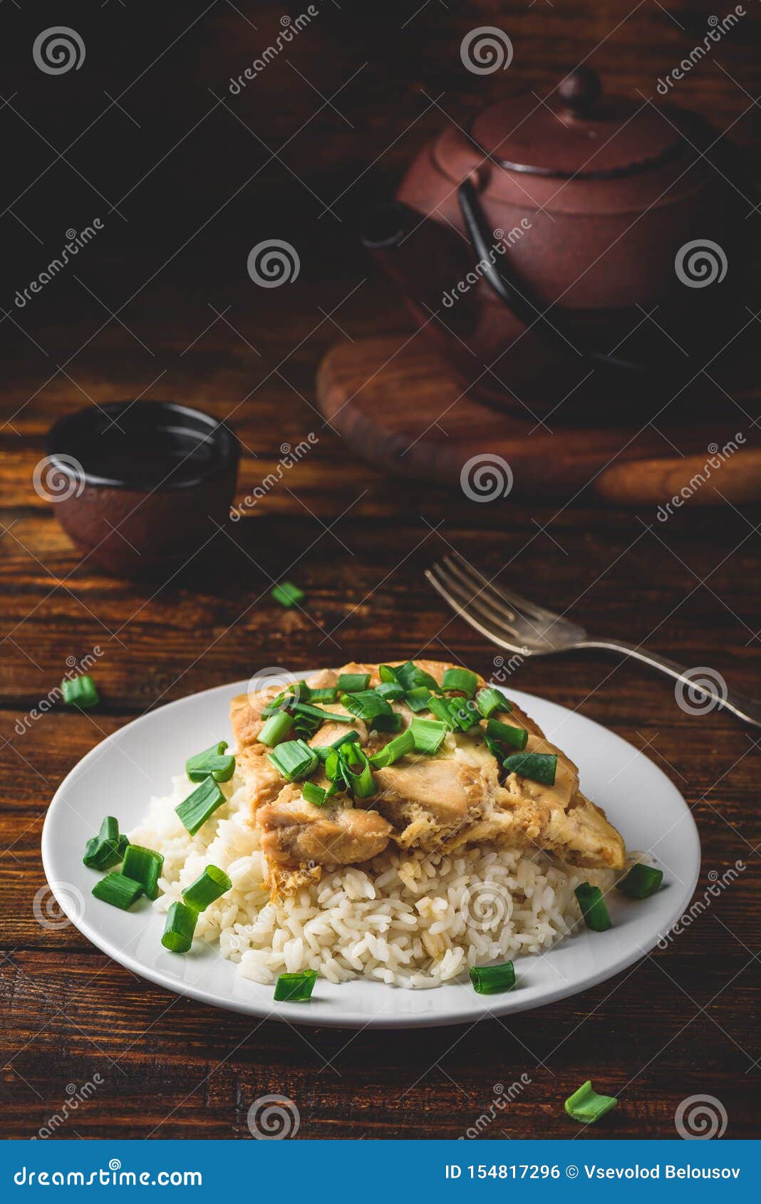 White Rice with Scrambled Eggs with Chicken and Green Onion Stock Photo