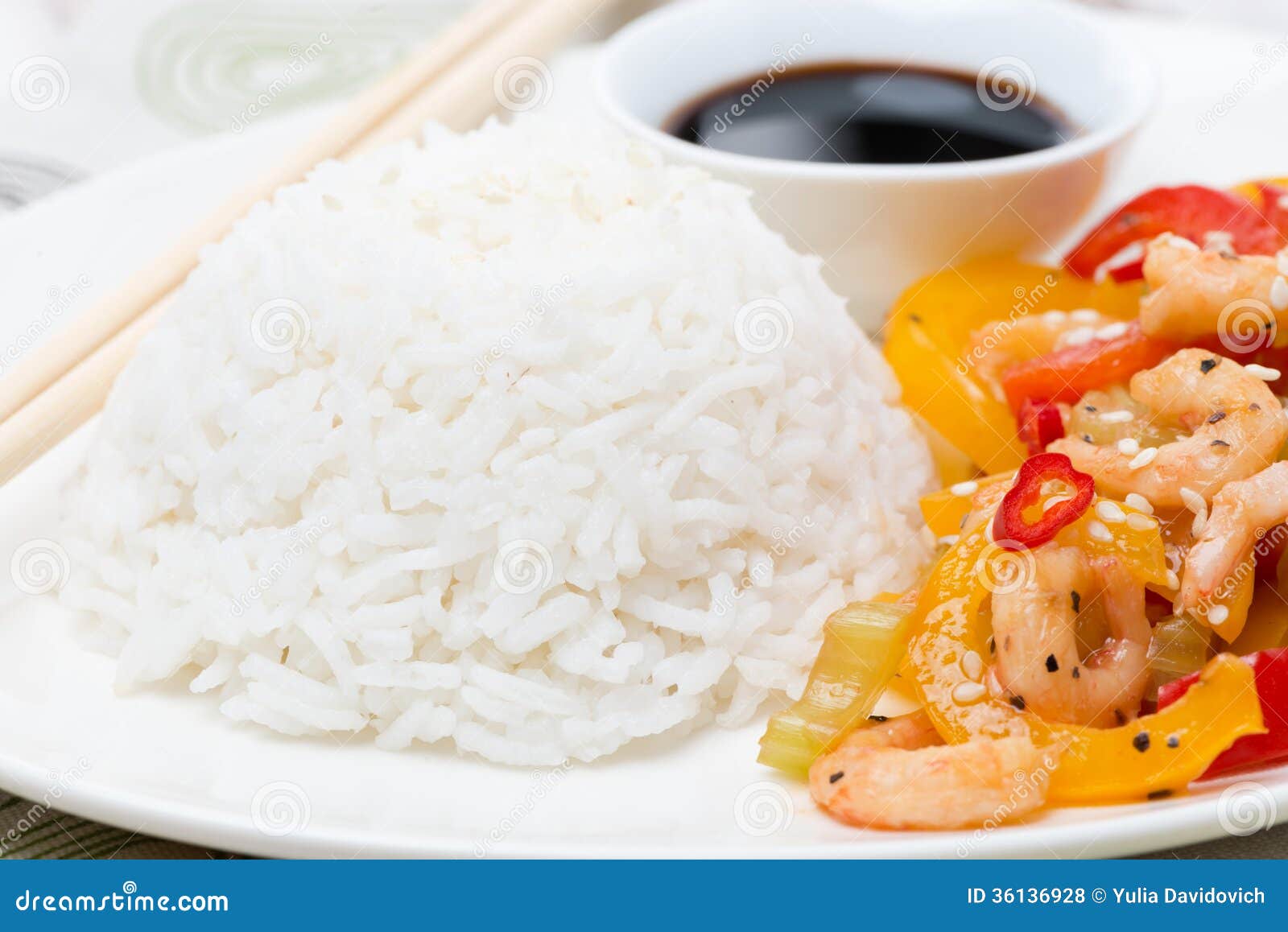 White Rice and Vegetables with Shrimp, Close-up Stock Photo - Image of