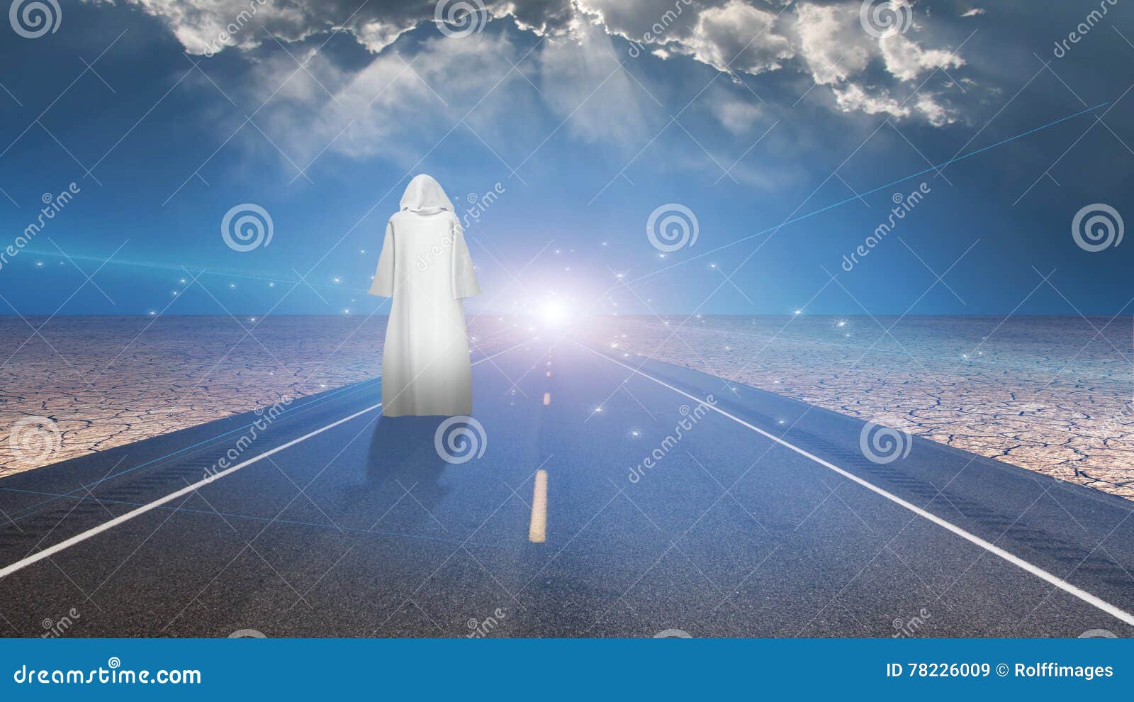 white robed man and road