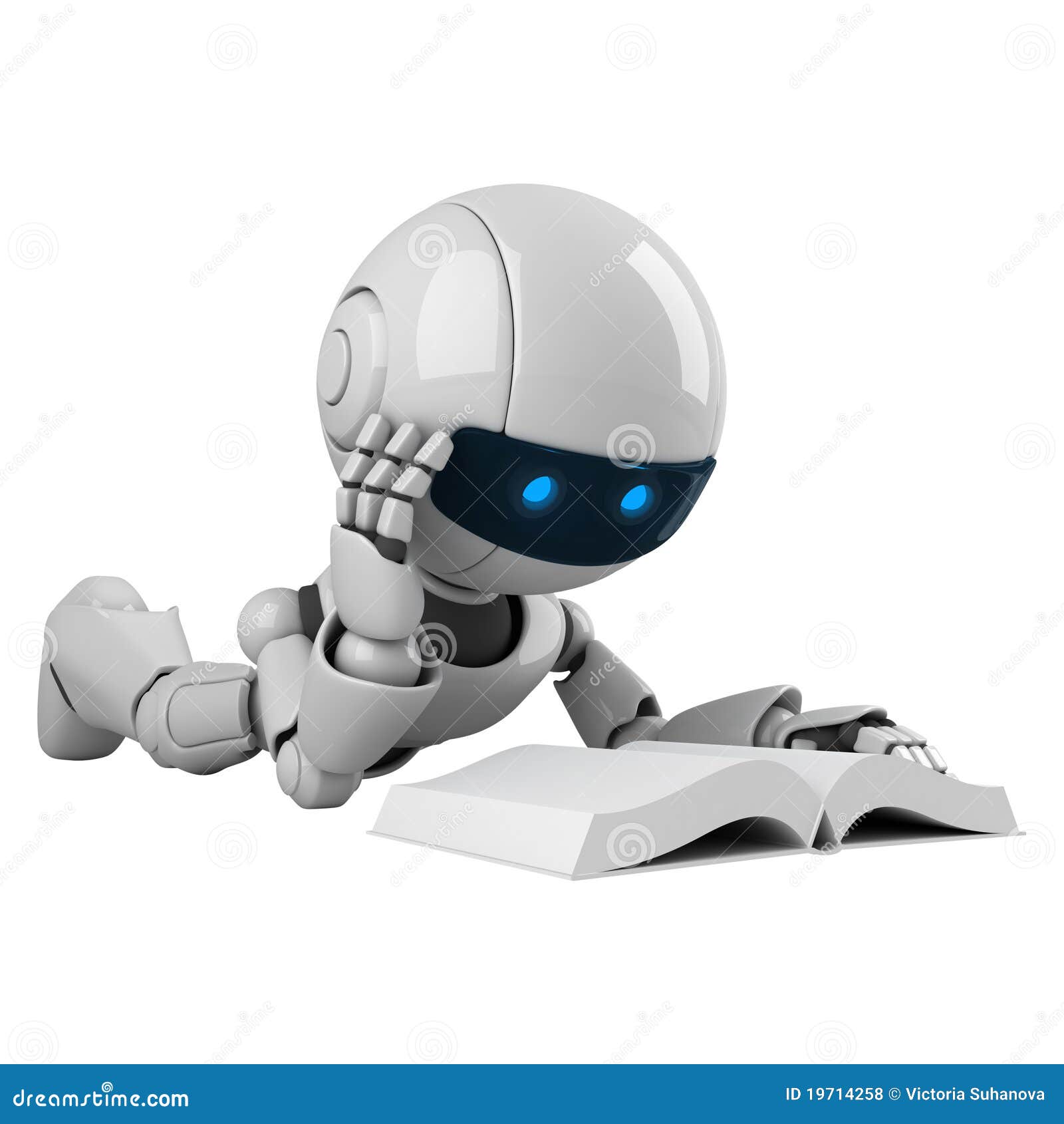 white robot read book