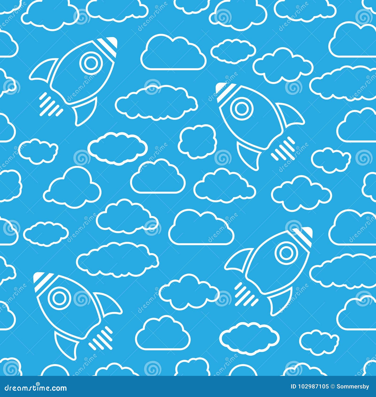 White Rocket Icon with Clouds on a Blue Air Background - Vector Stock