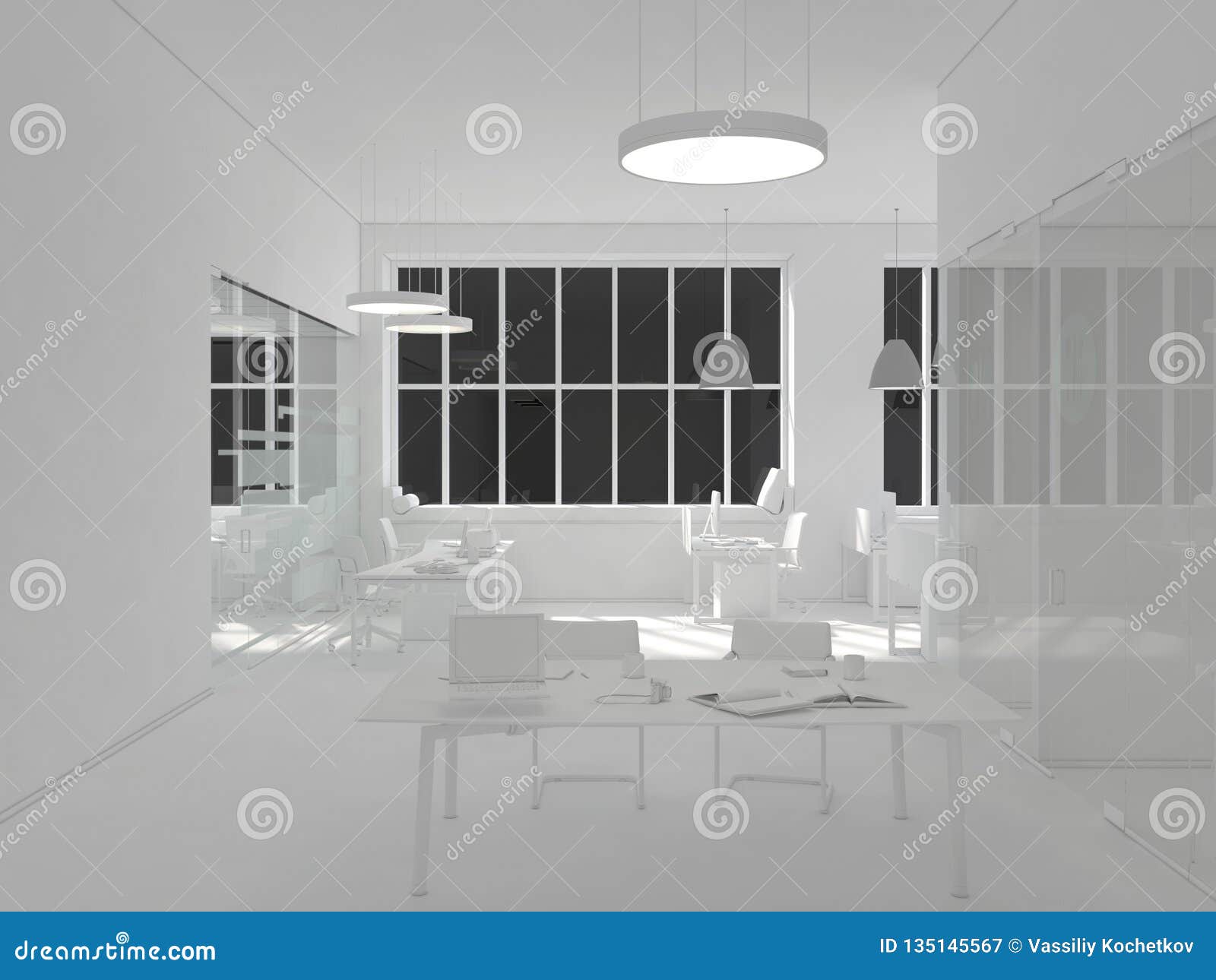 White Room As Office With Desk And Laptop Computer 3d