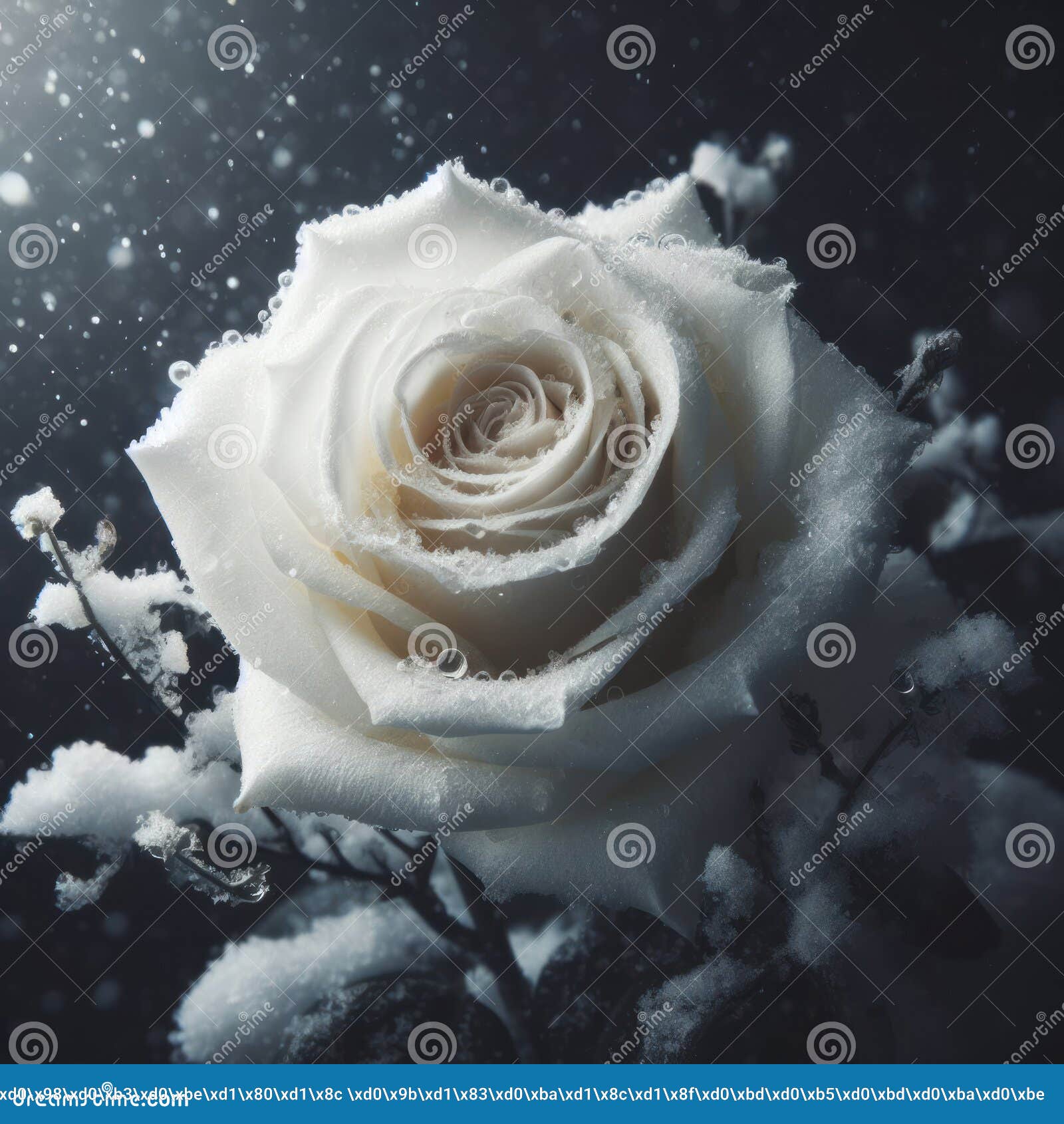 White Rose in the Snow Fall Close Up. Ai Generative Stock Photo Image
