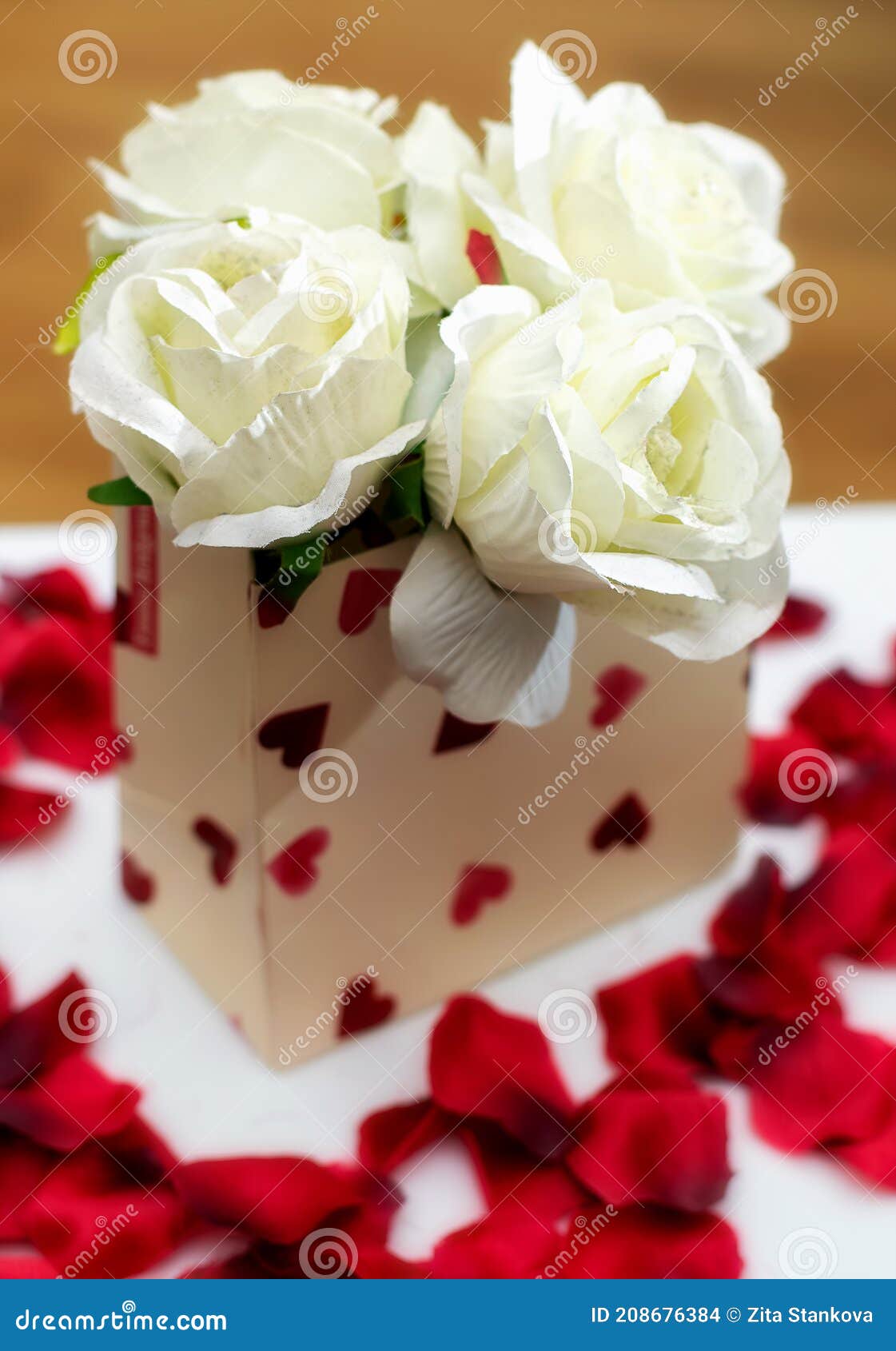 Gift of White Roses with Red Petals Around it Stock Photo Image of