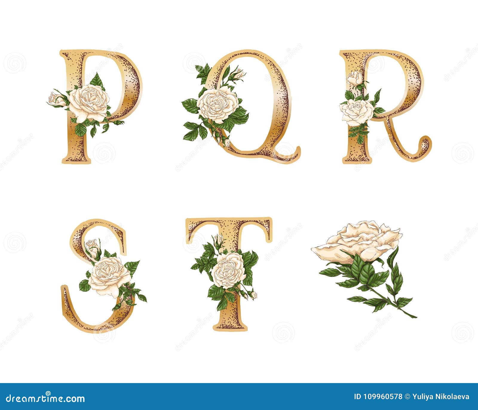 White Roses Gold Letters. Hand Draw. Vector Alphabet Stock Illustration