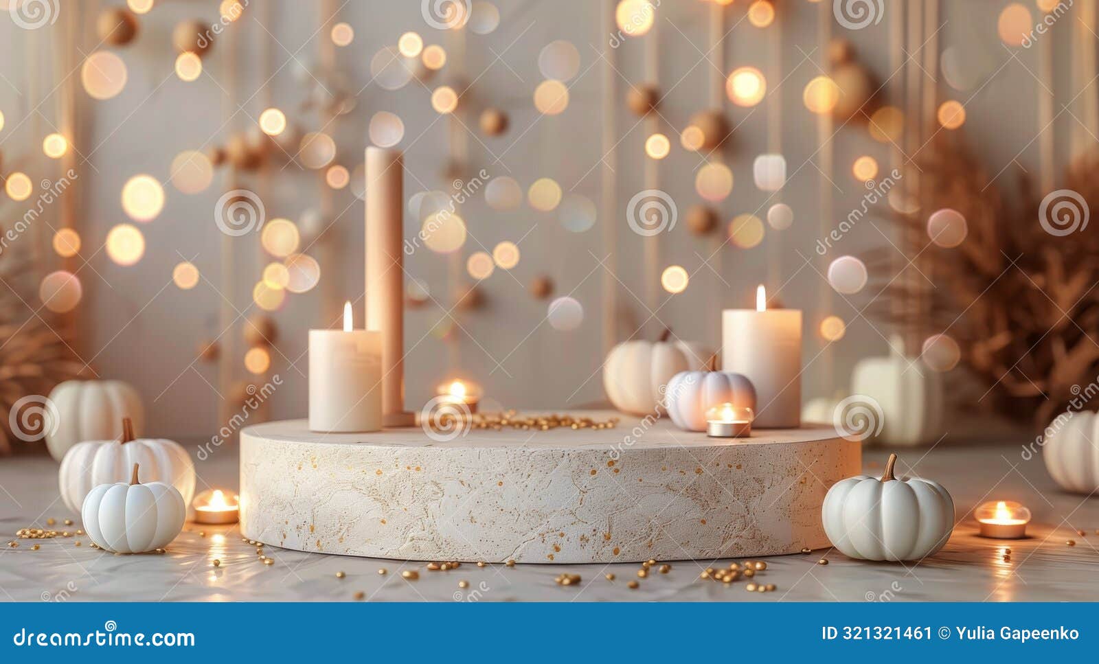 white round platform with fall decor and candles in soft sunlight