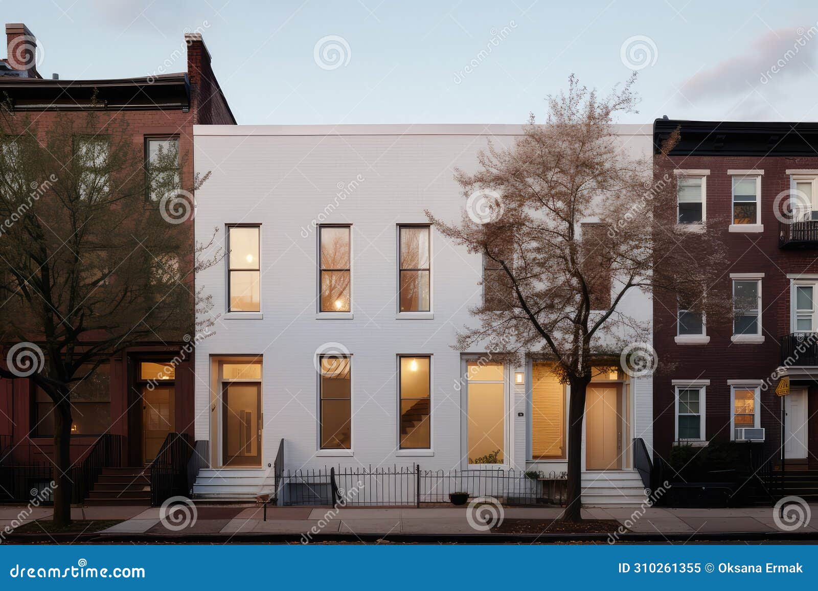 white row houses, street landscape, brooklyn architeture, facades of american houses