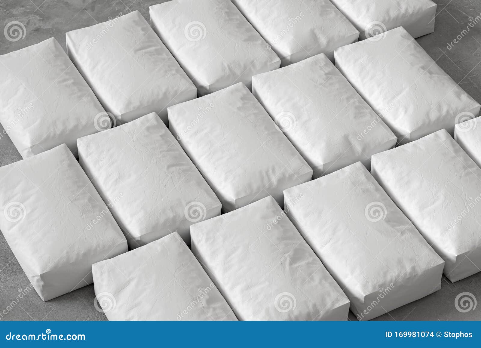 White Sacks on the Concrete Floor. 3d Render Stock Illustration
