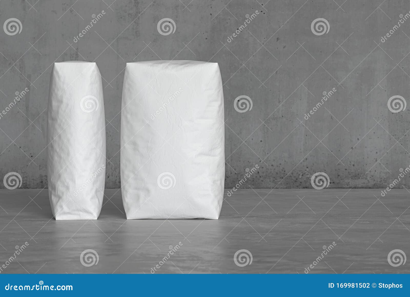 White Sacks on the Concrete Floor. 3d Render Stock Illustration