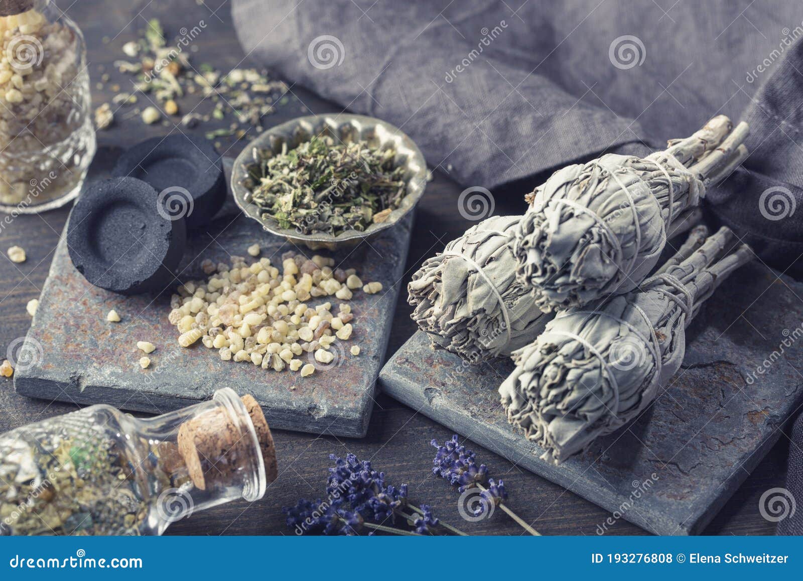 white sage smudge sticks, herbs and olibanum