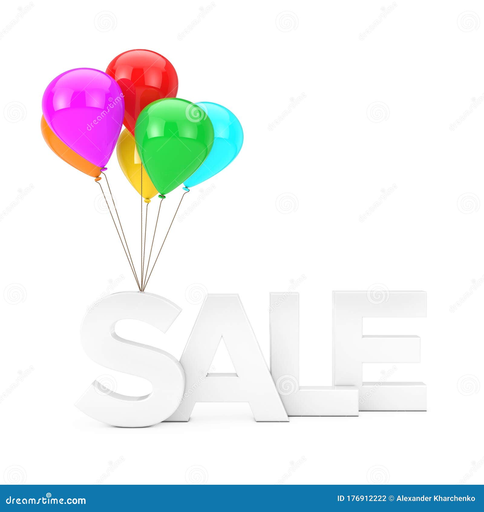 White Sale Sign With Multicolor Balloons. 3d Rendering Stock
