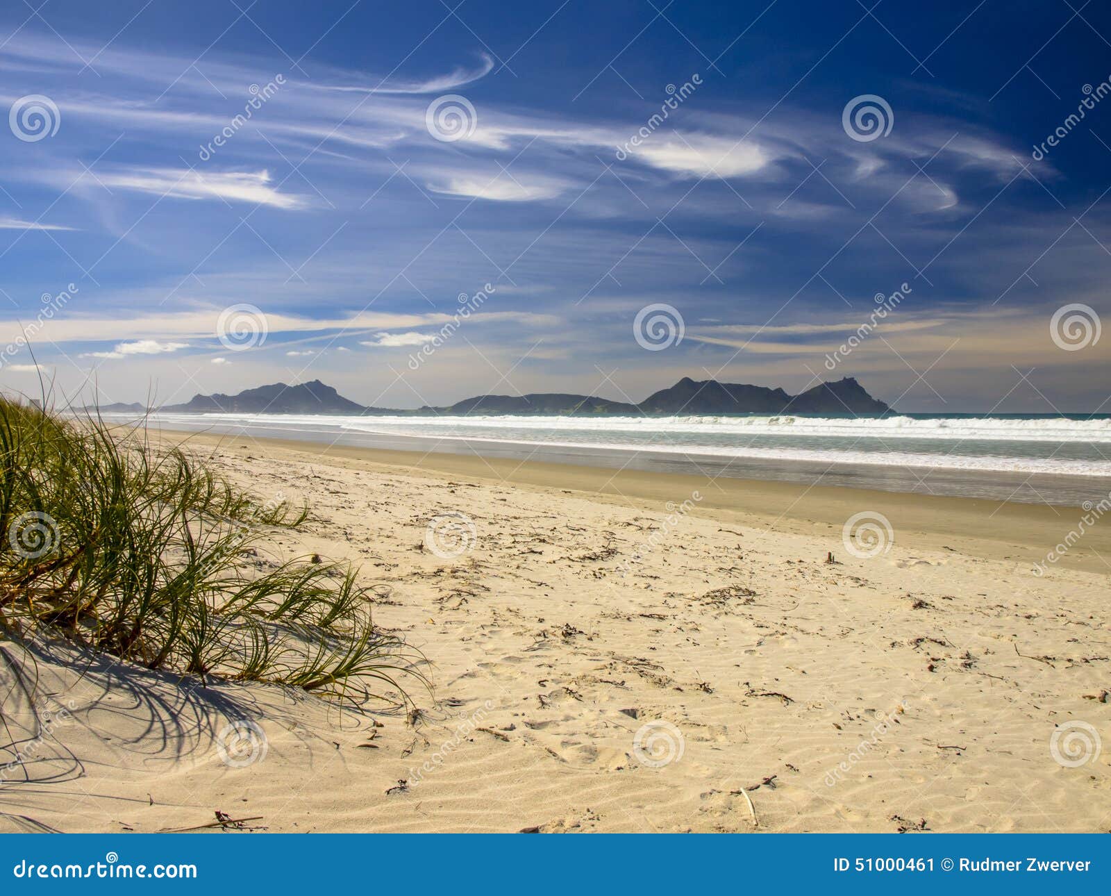 White Sand Beach with Beautiful Blue Sky at Waipu, New Zealand