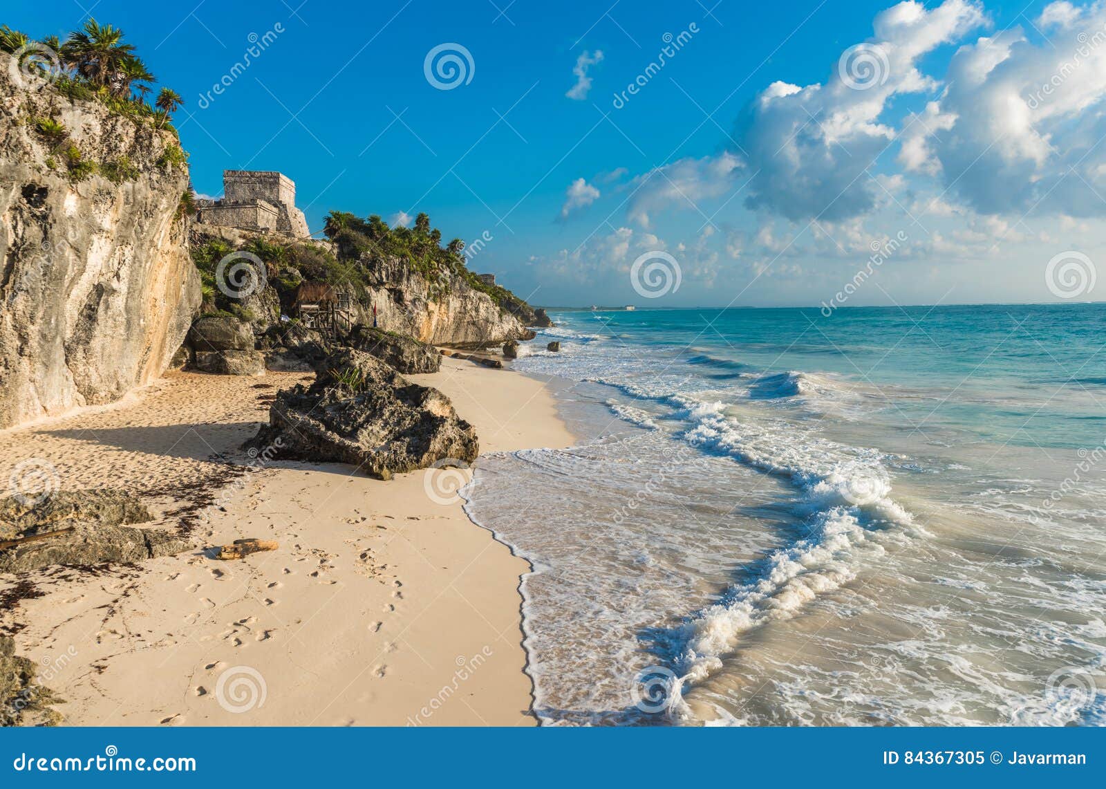 White Sand Beach and Ruins of Tulum, Yuacatan, Mexico Stock Image