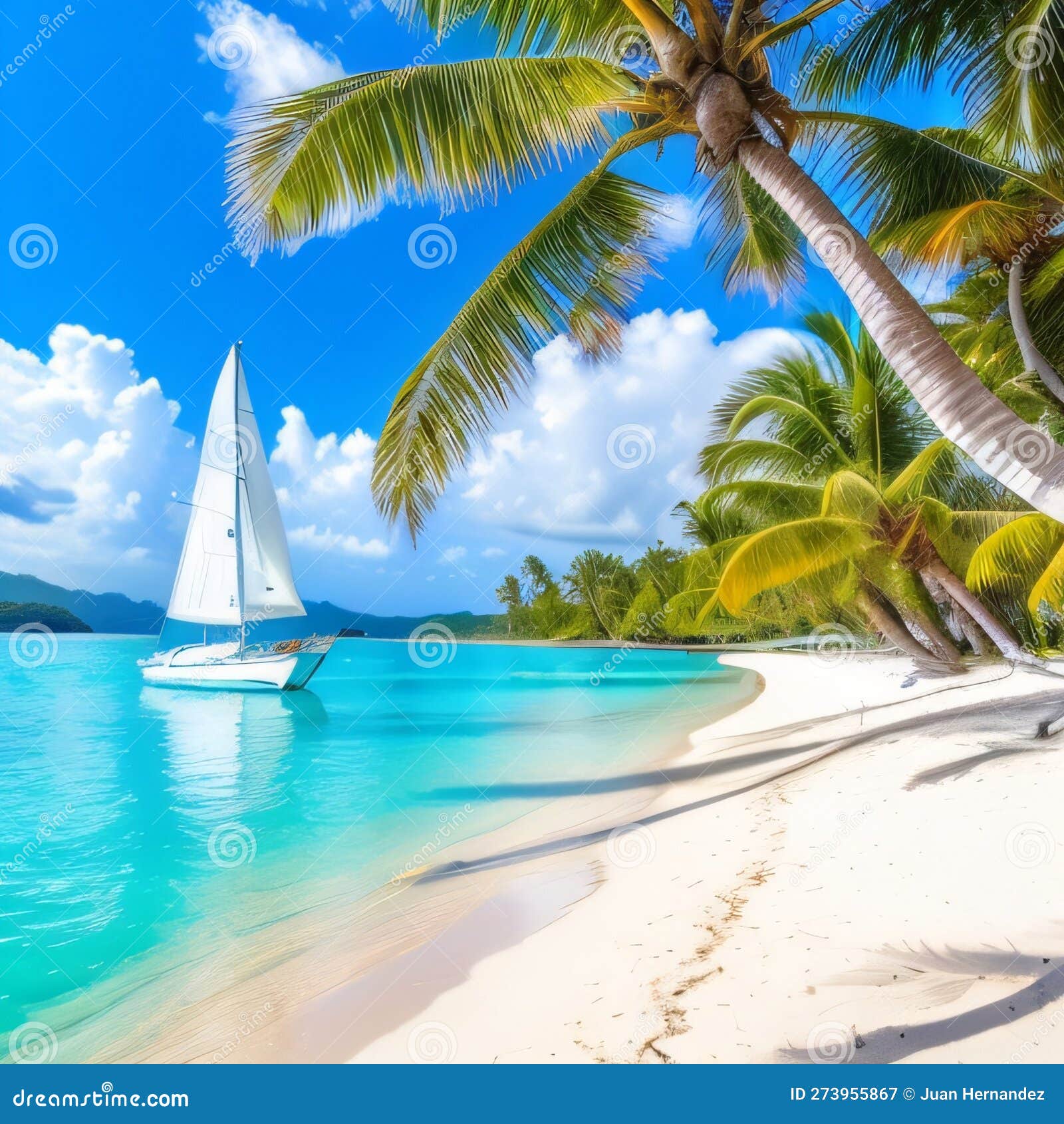 white sandy beach filled with palm trees and a beautiful white sail boat during the day