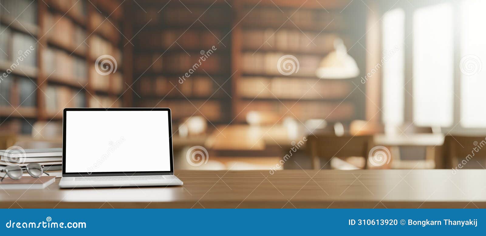 a white-screen laptop computer mockup, eyeglasses, and books on a wooden table in a library