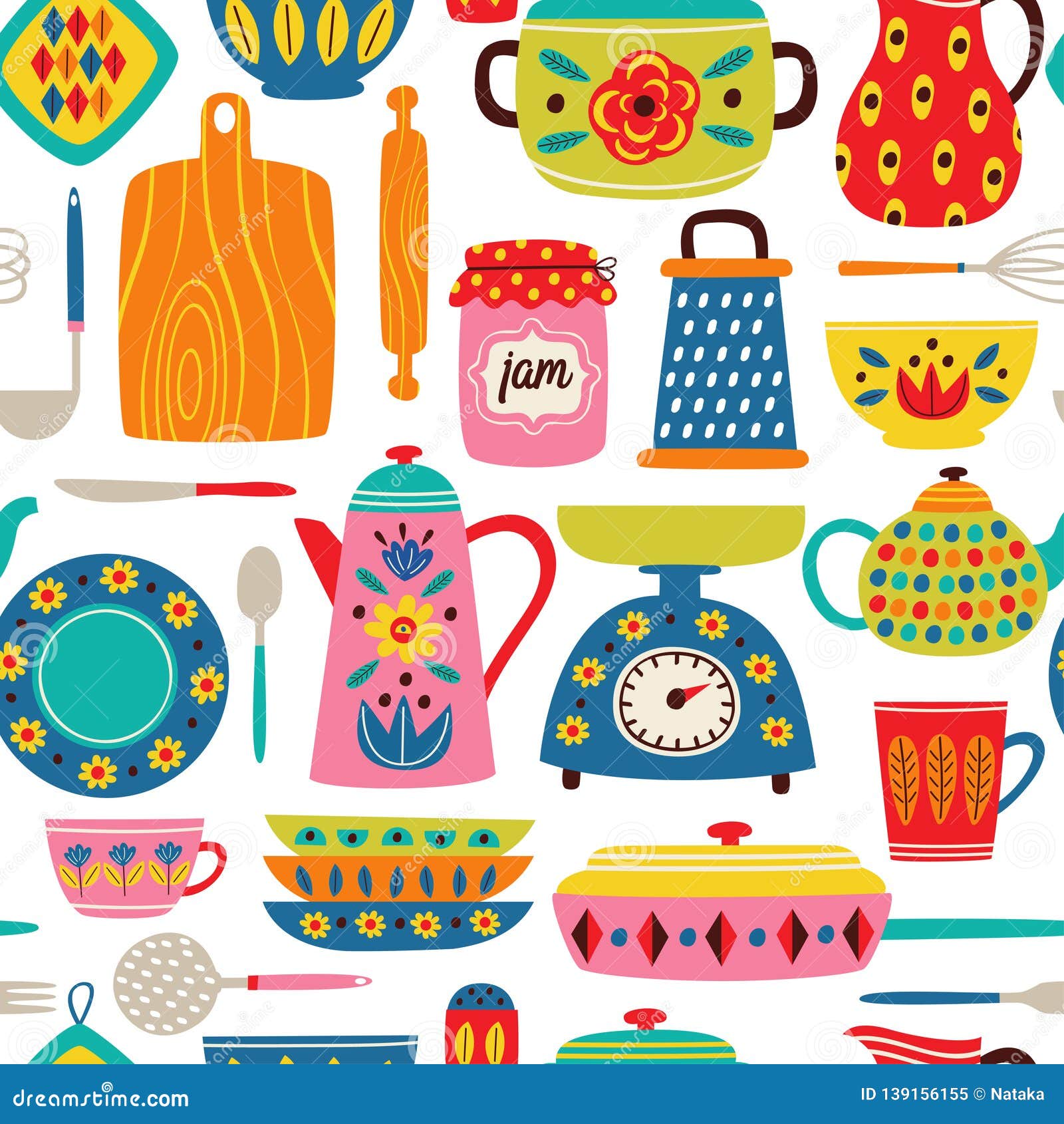 White Seamless Pattern with Vintage Kitchen Stock Vector - Illustration of  decorative, cartoon: 139156155, image size:1600x1690