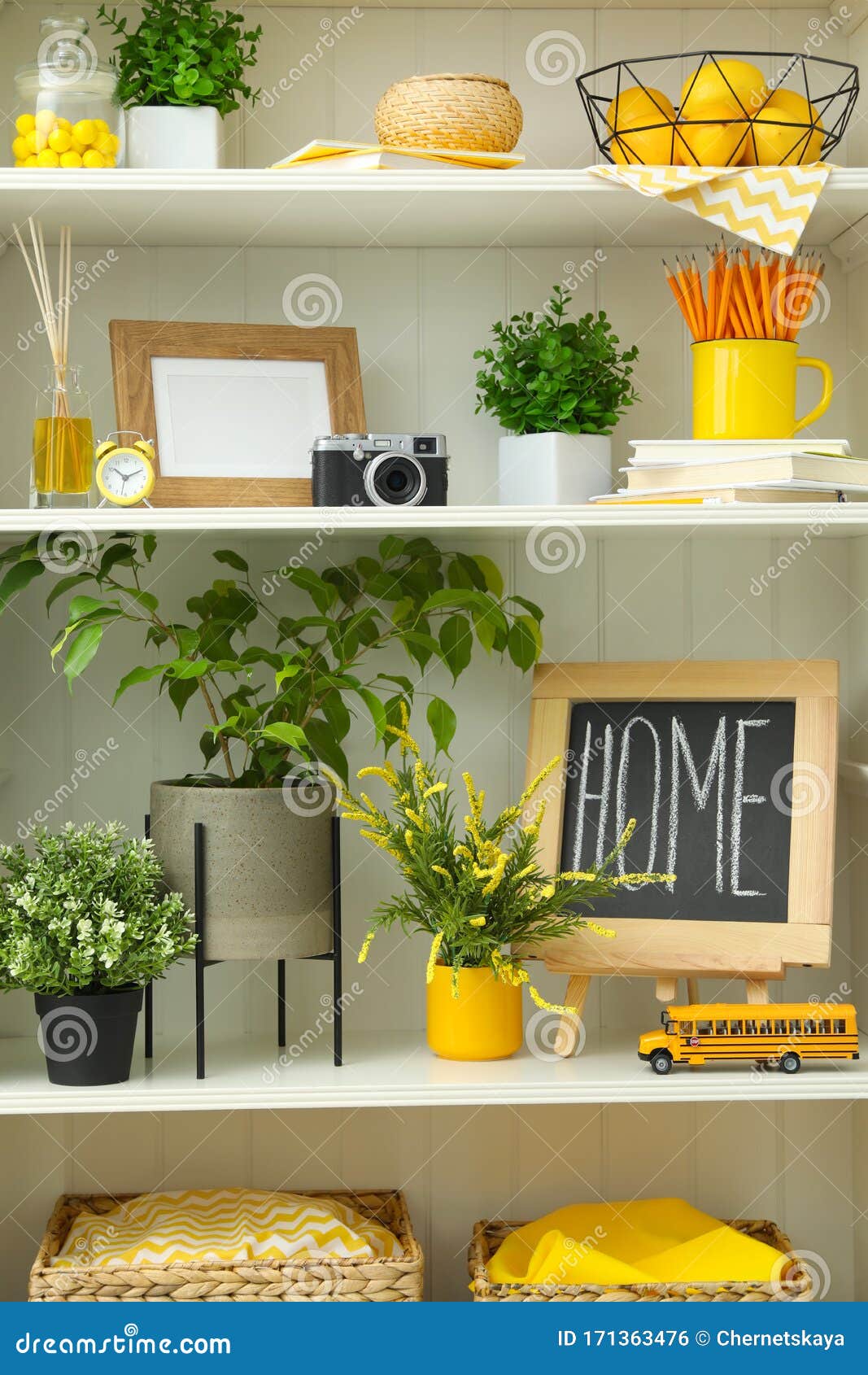 White Shelving Unit with Different Decorative Elements Stock Photo