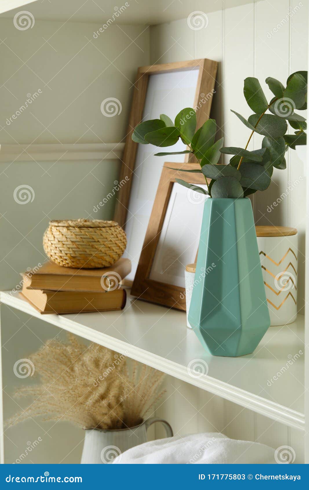 White Shelving Unit with Decorative Elements Stock Image Image of