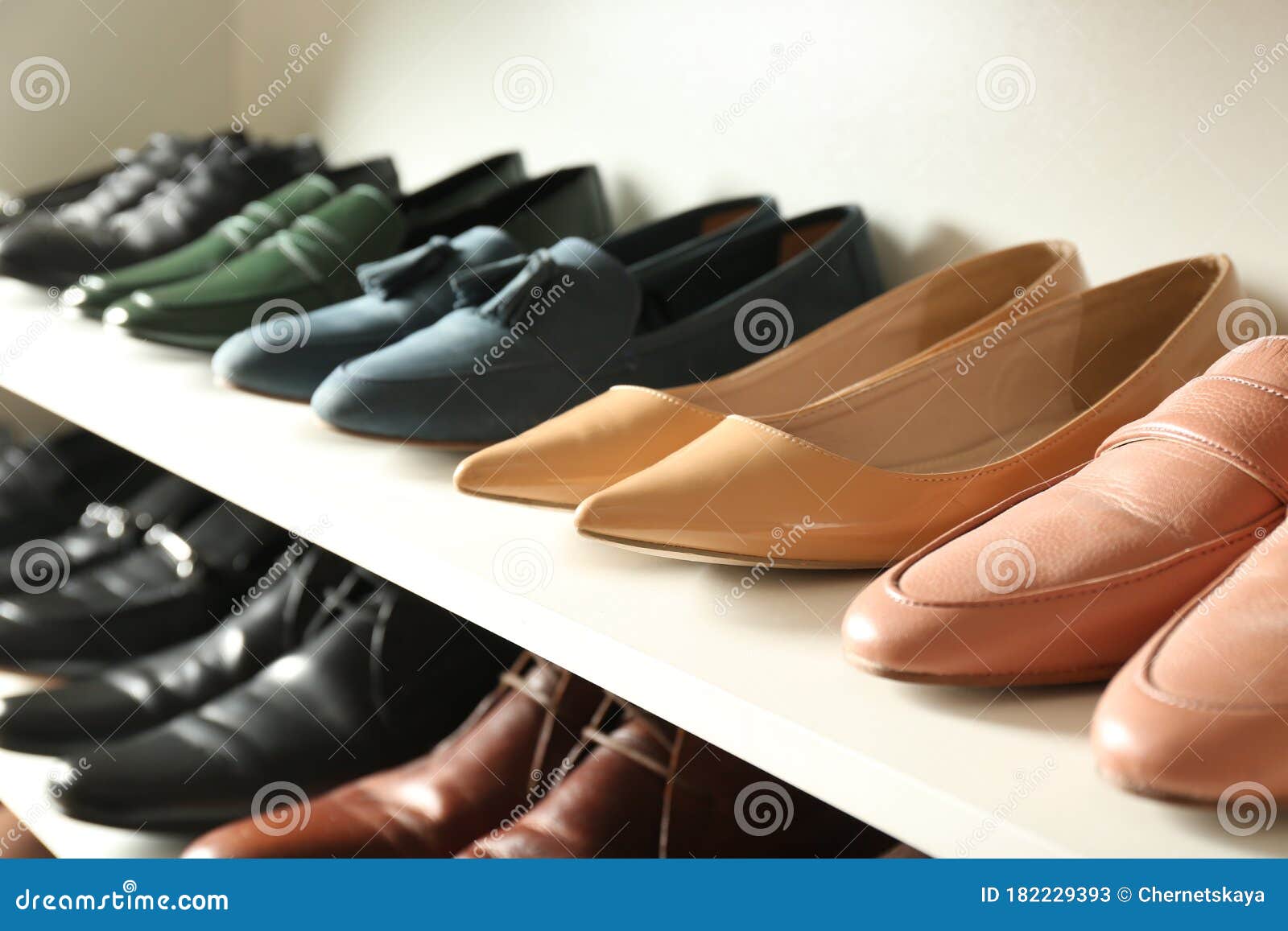 White Shelving Unit with Leather Shoes Stock Image Image of dressing